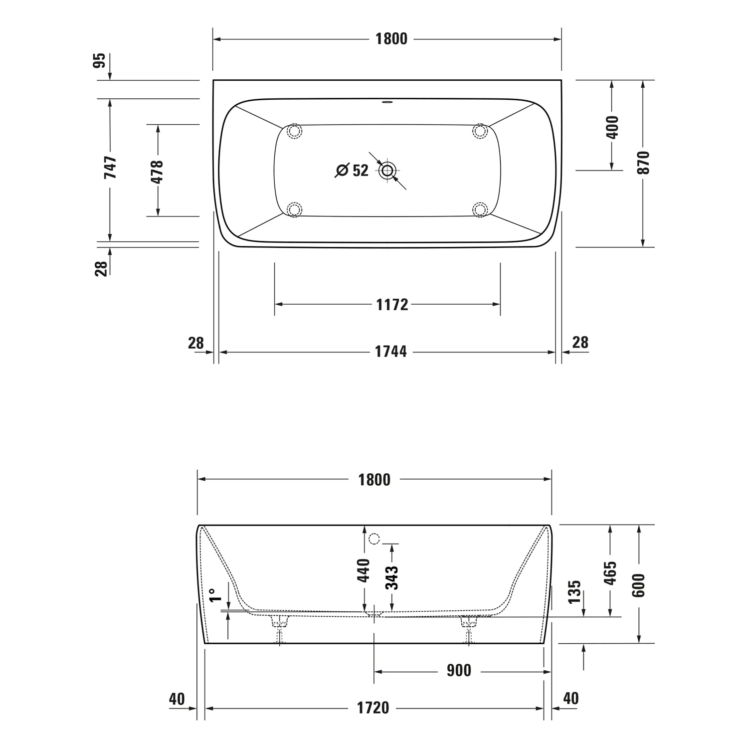 Duravit Collection One Rechteck-Badewanne 180 x 80 cm, Vorwandversion Bild 4