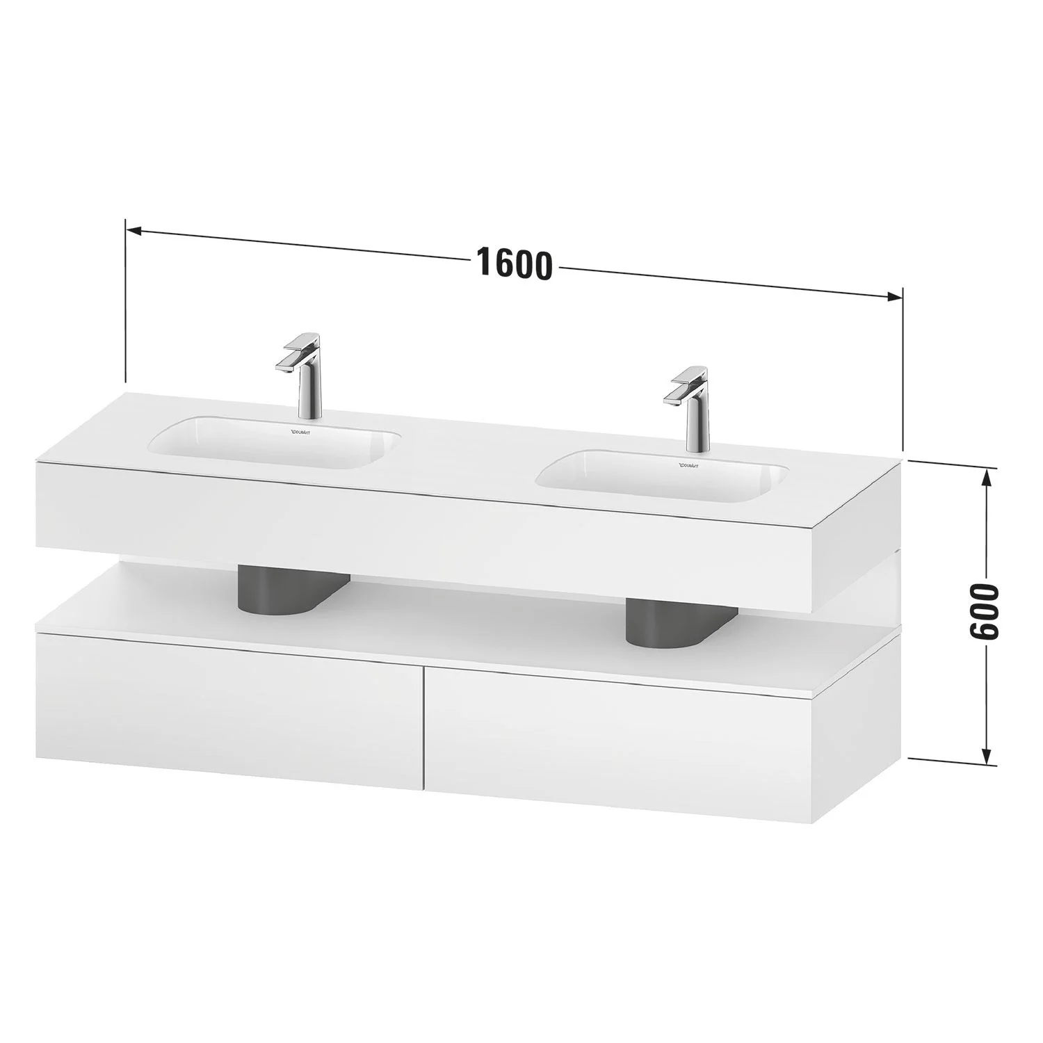Rysunek techniczny podwójnej umywalki z wymiarami, Duravit