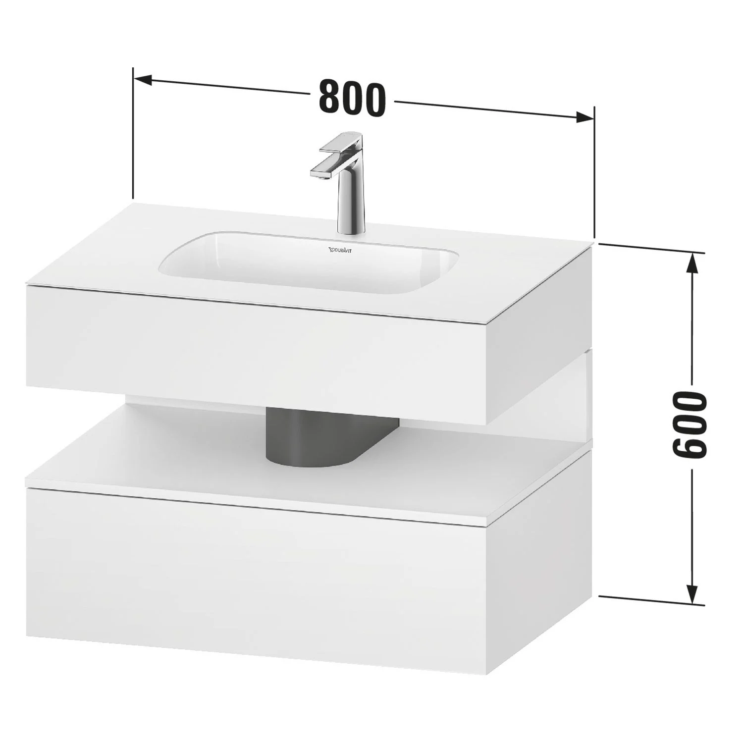 Rysunek techniczny białej umywalki z wymiarami, Duravit