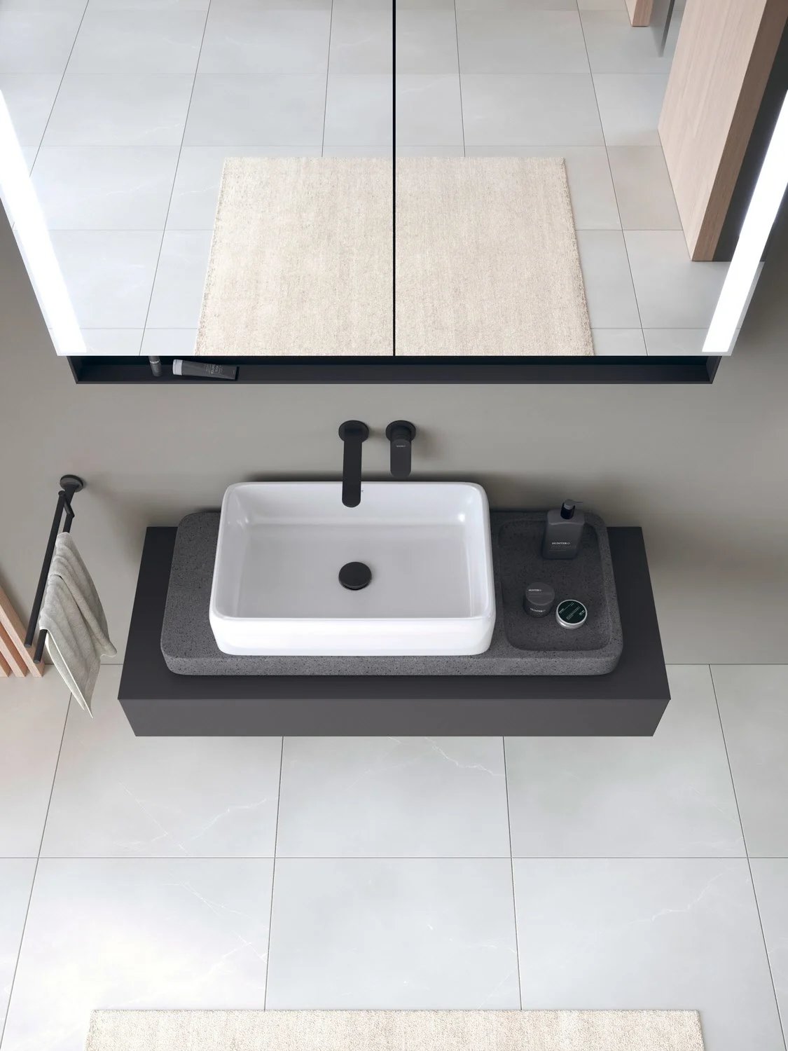 Umywalka z ciemnym kamiennym blatem z góry, Duravit