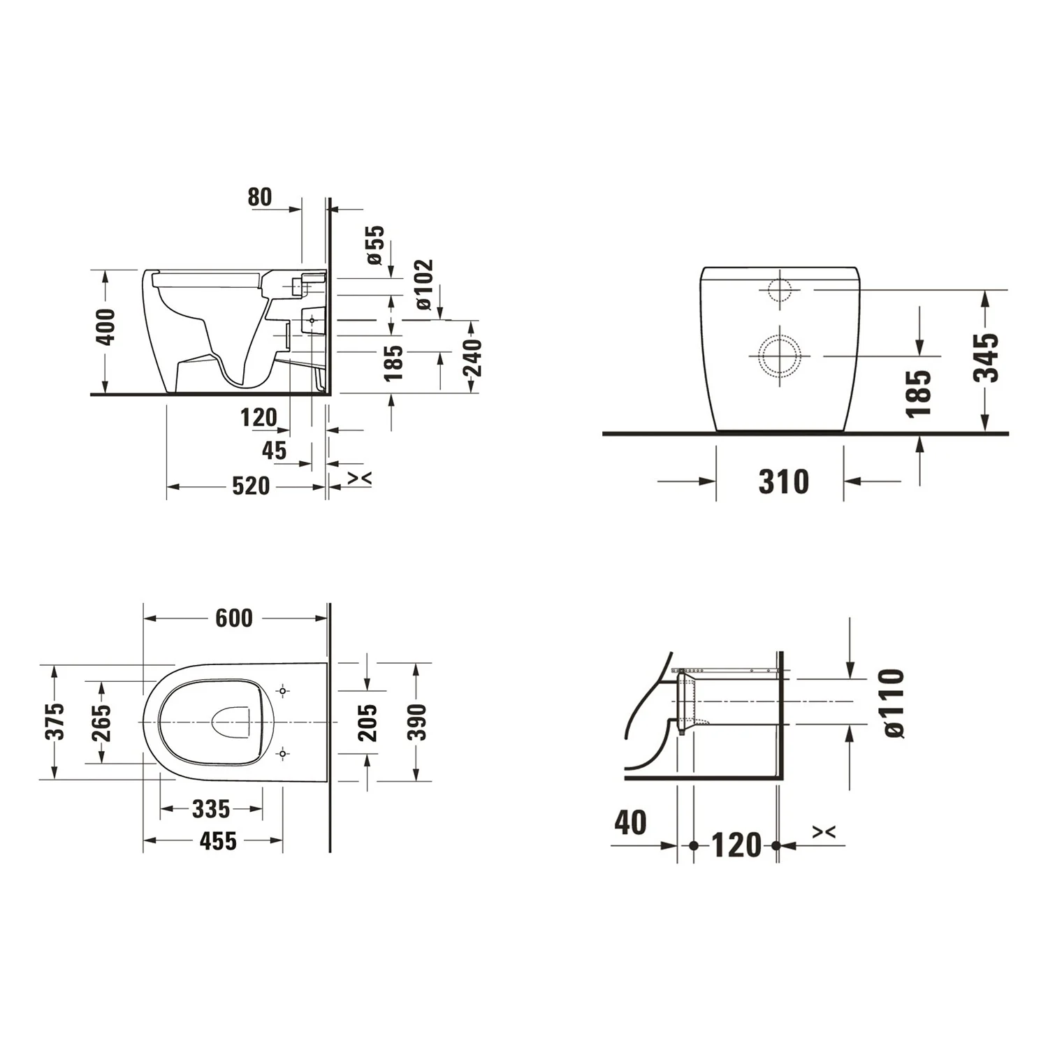 Rysunek techniczny stojaka WC, Duravit