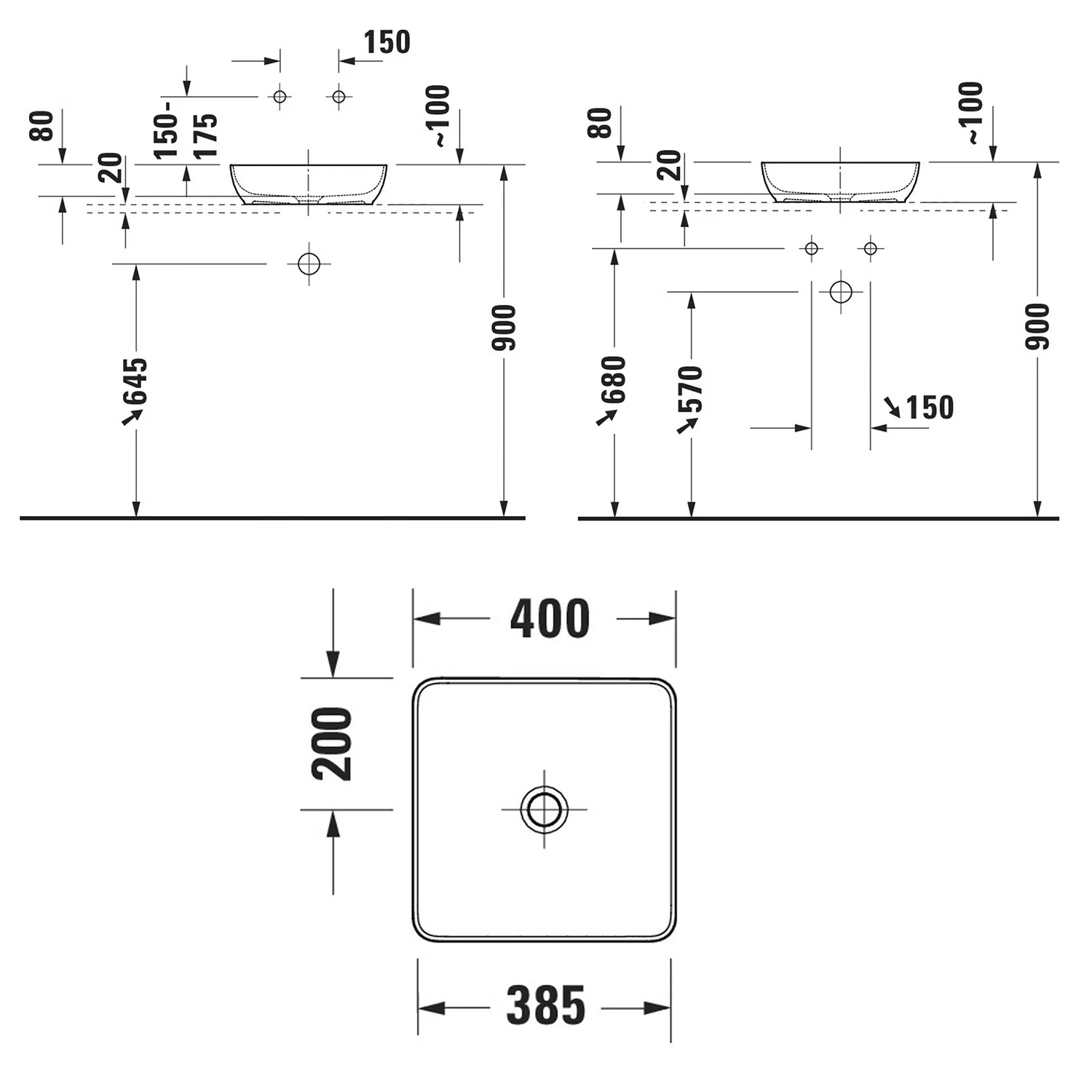 Rysunek techniczny umywalki z wymiarami, Duravit