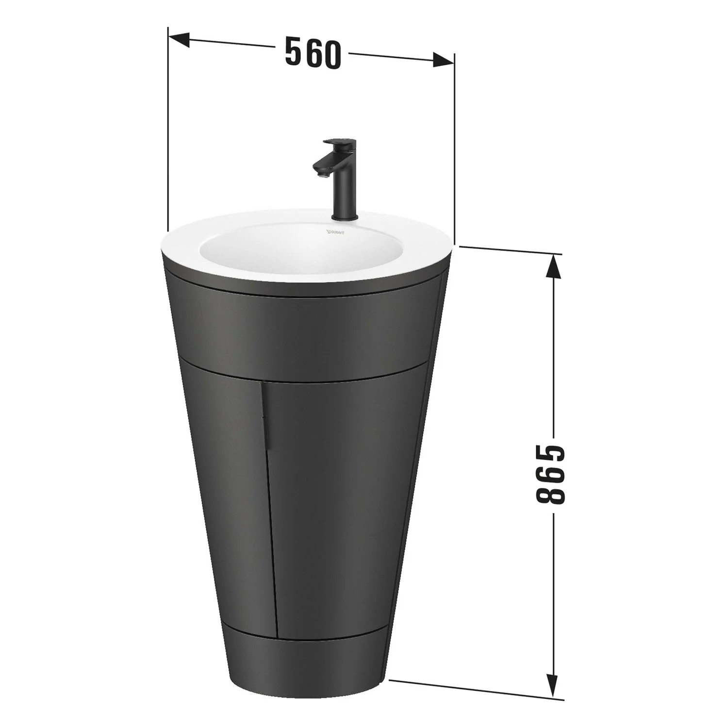 Rysunek techniczny czarnej umywalki z wymiarami, Duravit