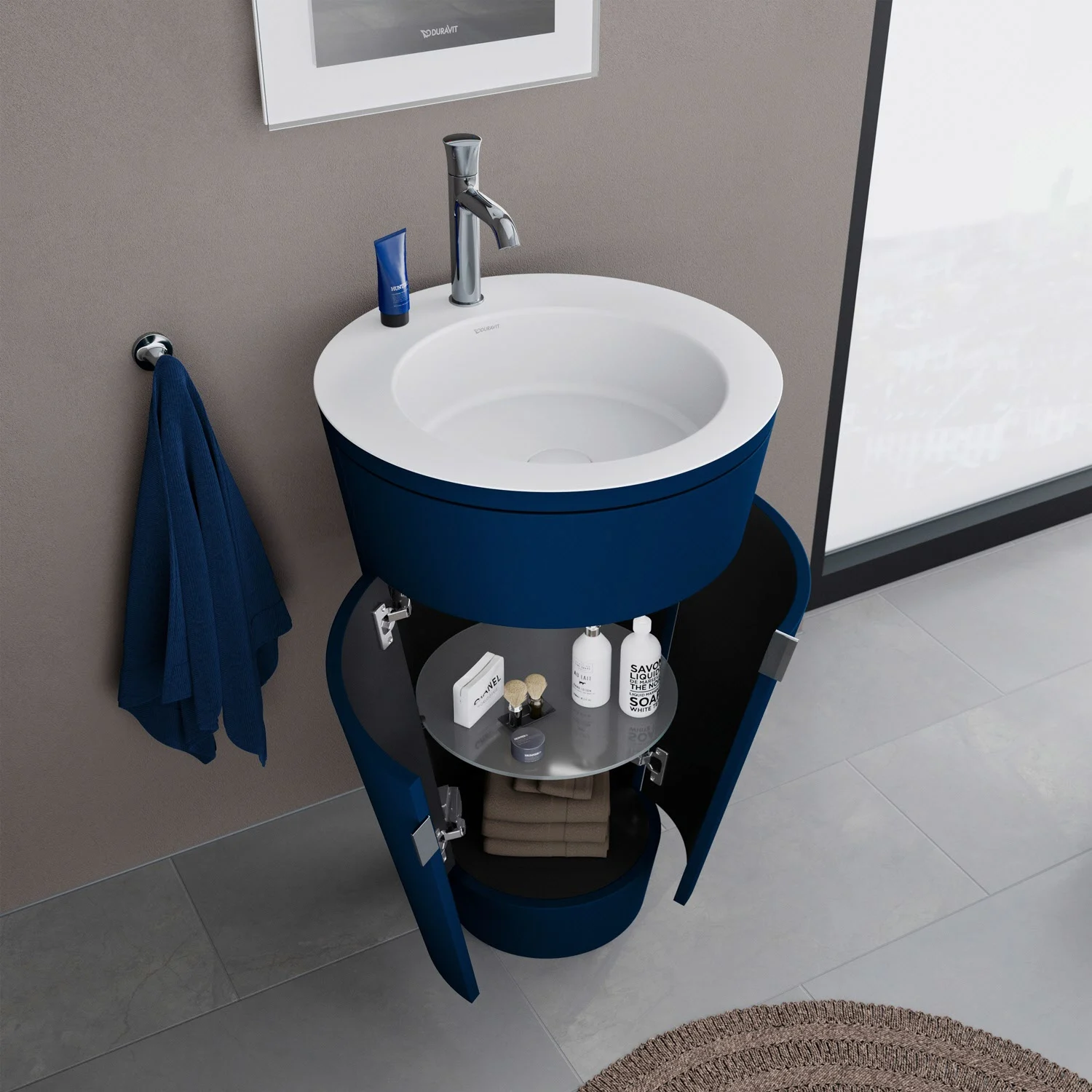 Umywalka z otwartą szafką w łazience, Duravit