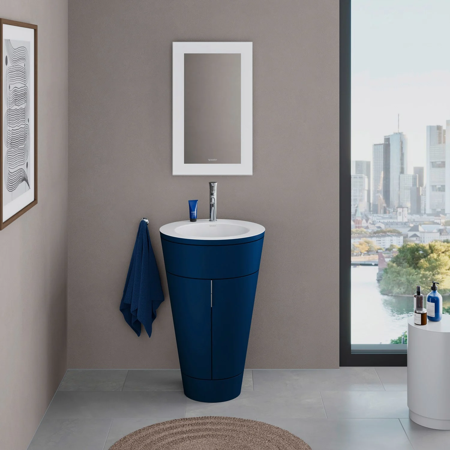 Niebieska umywalka z szafką w nowoczesnej łazience, Duravit