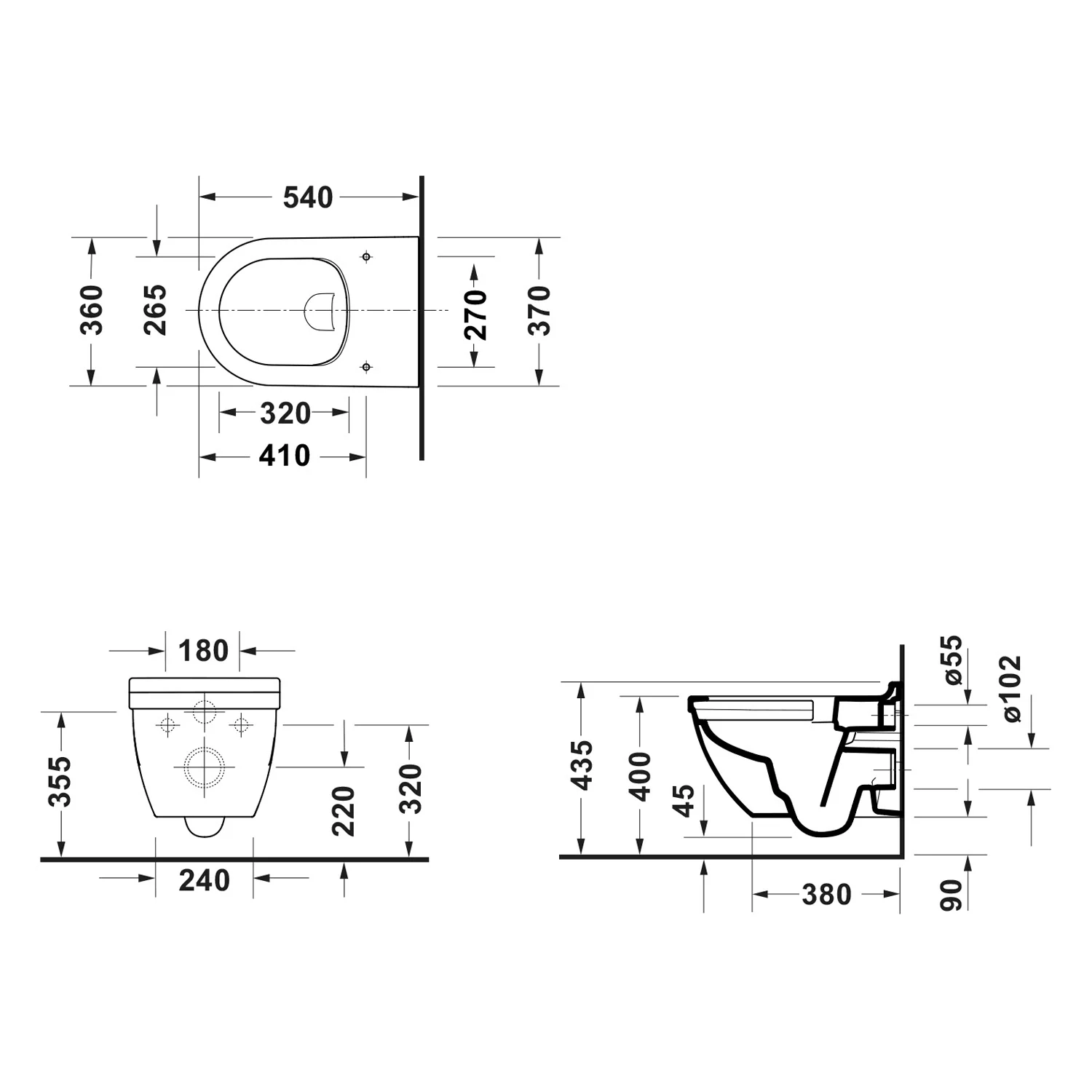 Rysunek techniczny WC wiszącego, Duravit
