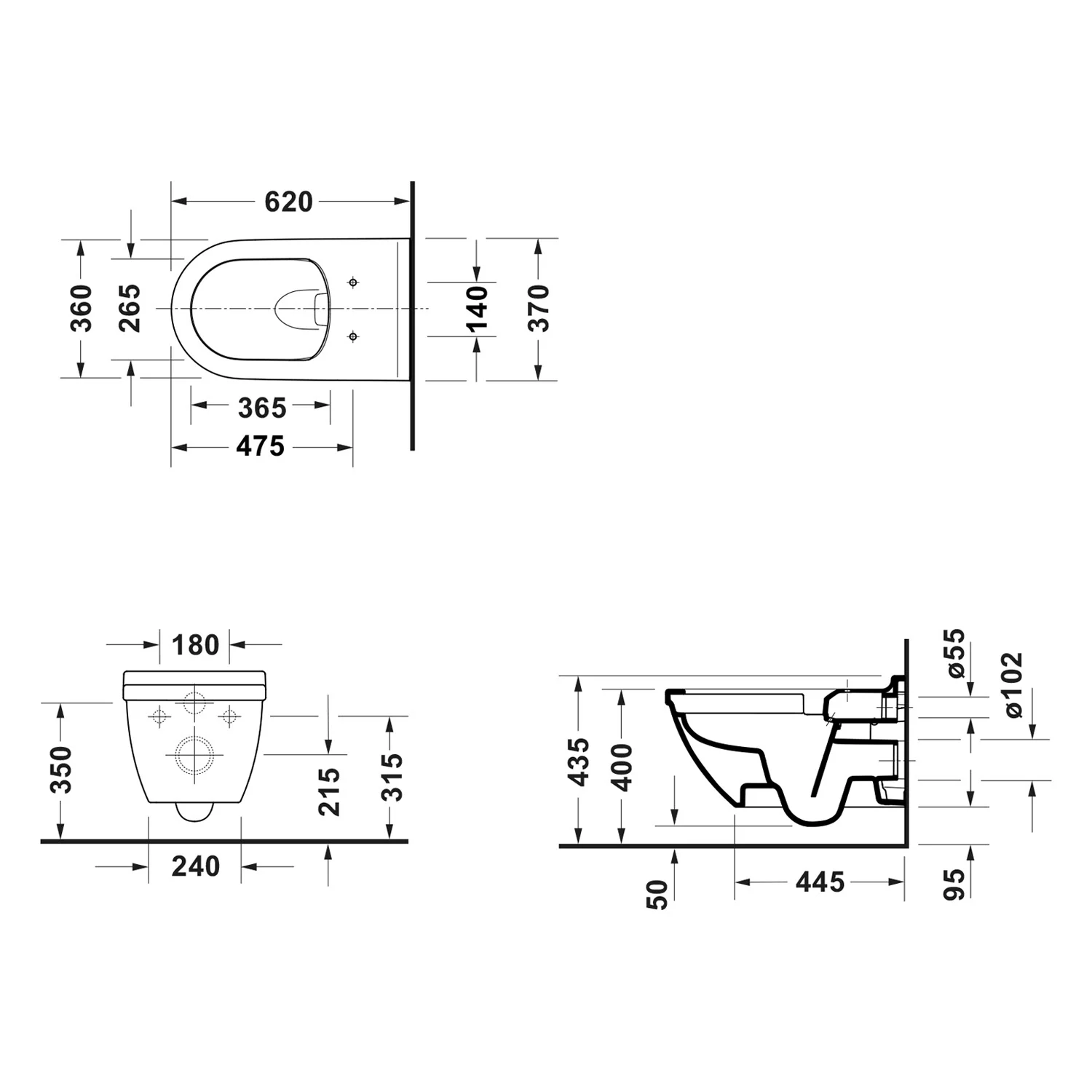 Rysunek techniczny WC wiszącego, Duravit