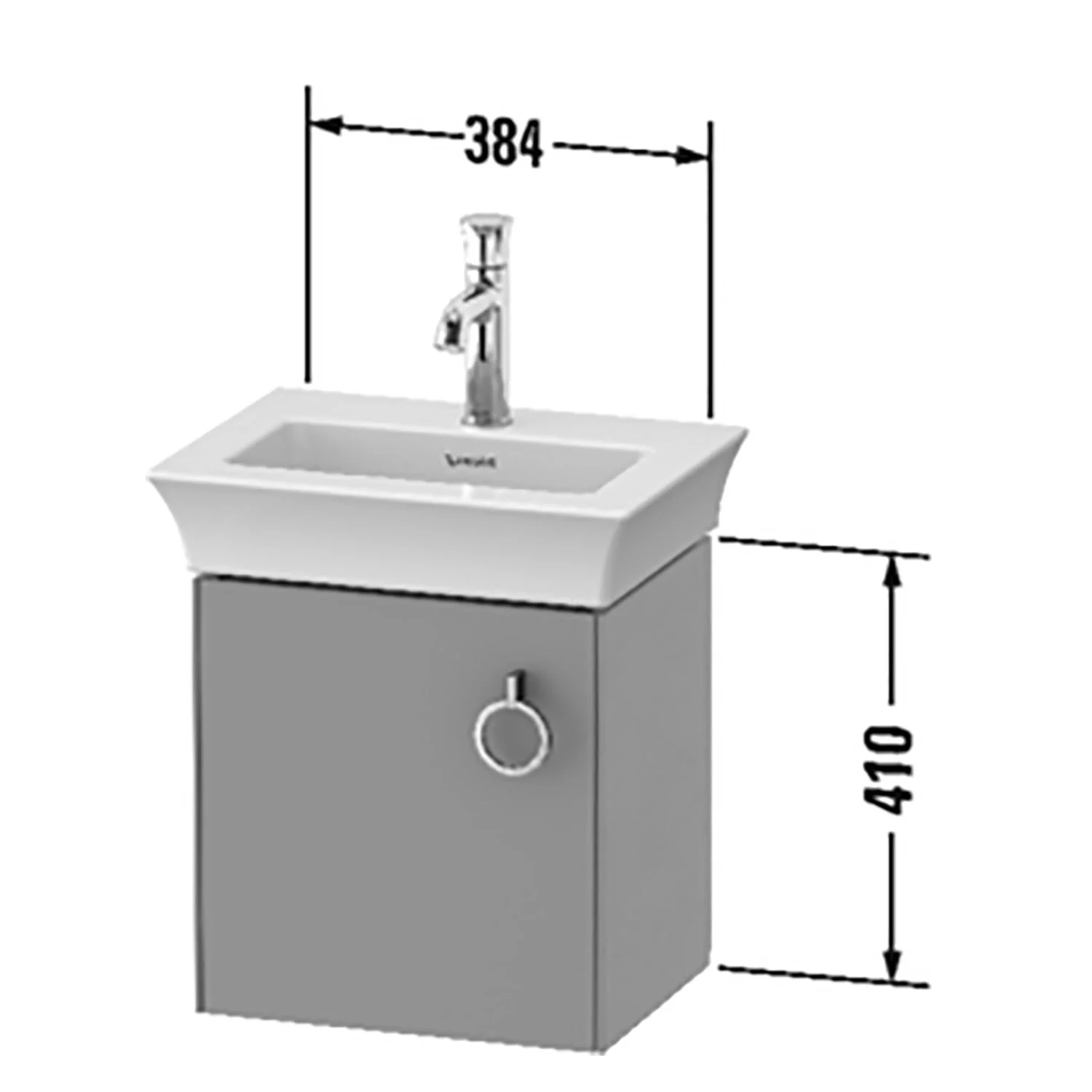 Rysunek techniczny szarej umywalki z wymiarami, Duravit