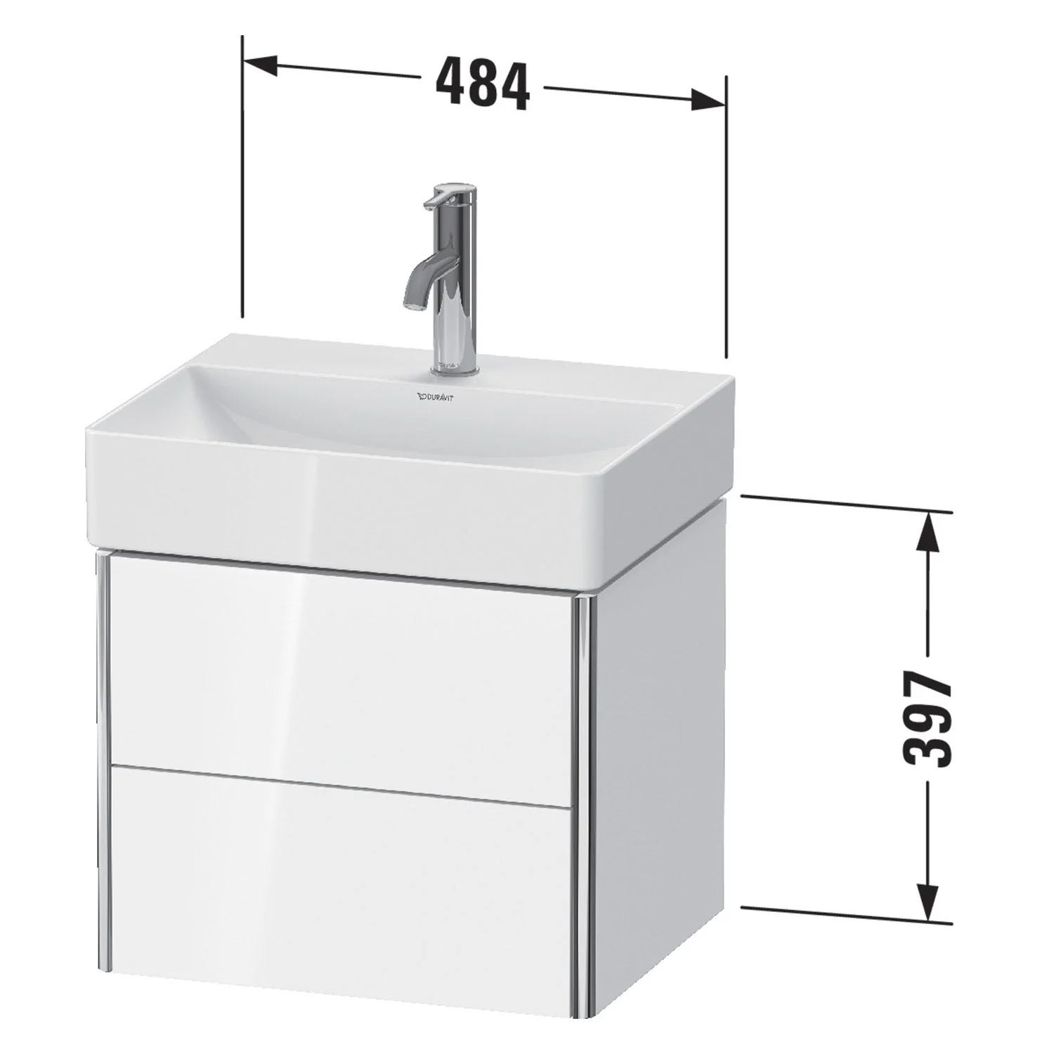 Rysunek techniczny szafki umywalkowej z wymiarami, Duravit
