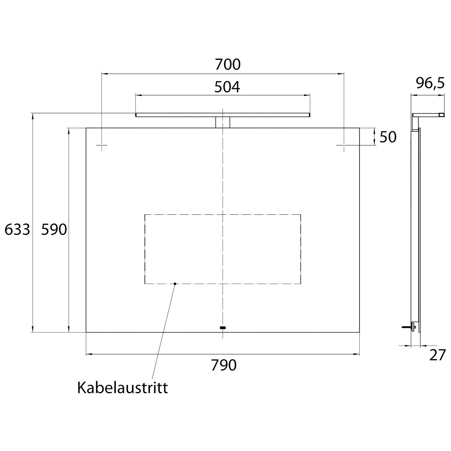 Rysunek techniczny lustra LED z wymiarami, Emco