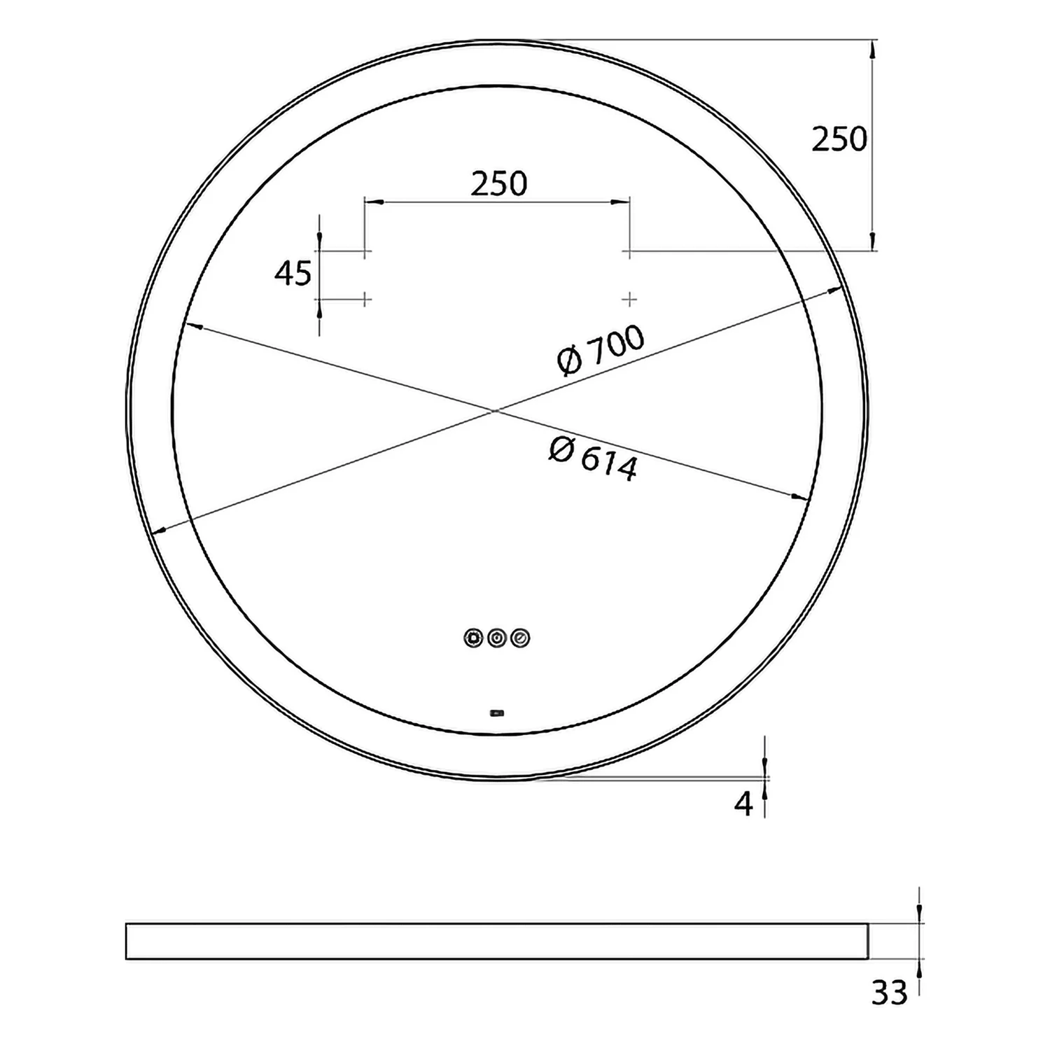 Rysunek techniczny okrągłego lustra LED, Emco