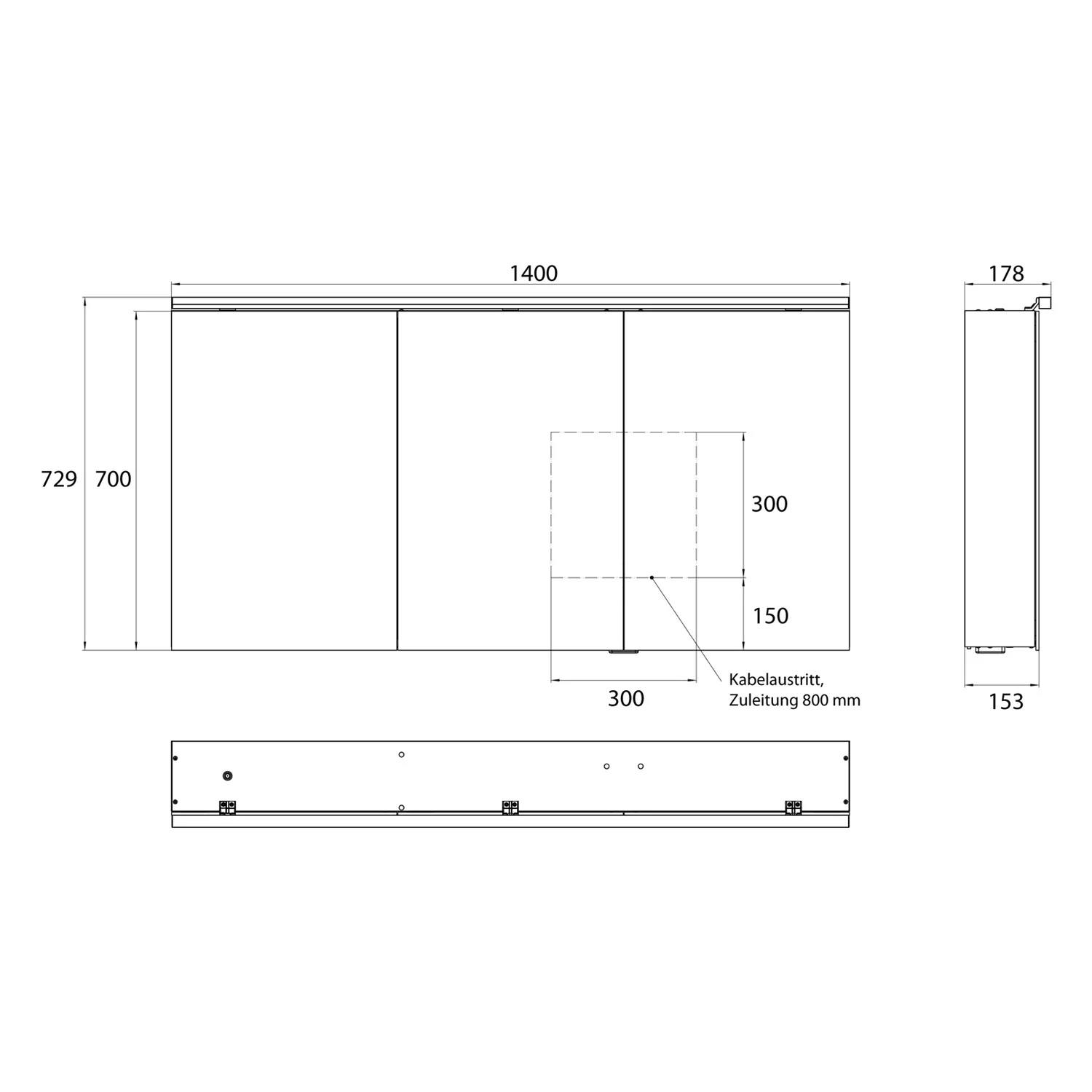 Rysunek techniczny szafki z lustrem LED, Emco