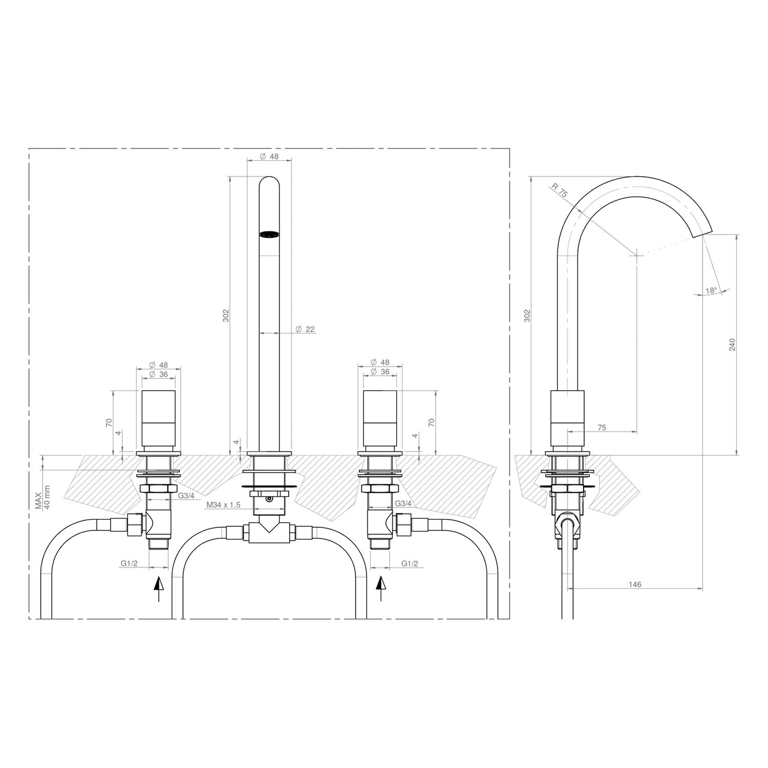 ALLUVION Minerva Edelstahl 3-Loch Waschtischarmatur mit hohem Auslauf 240, wassersparend 2