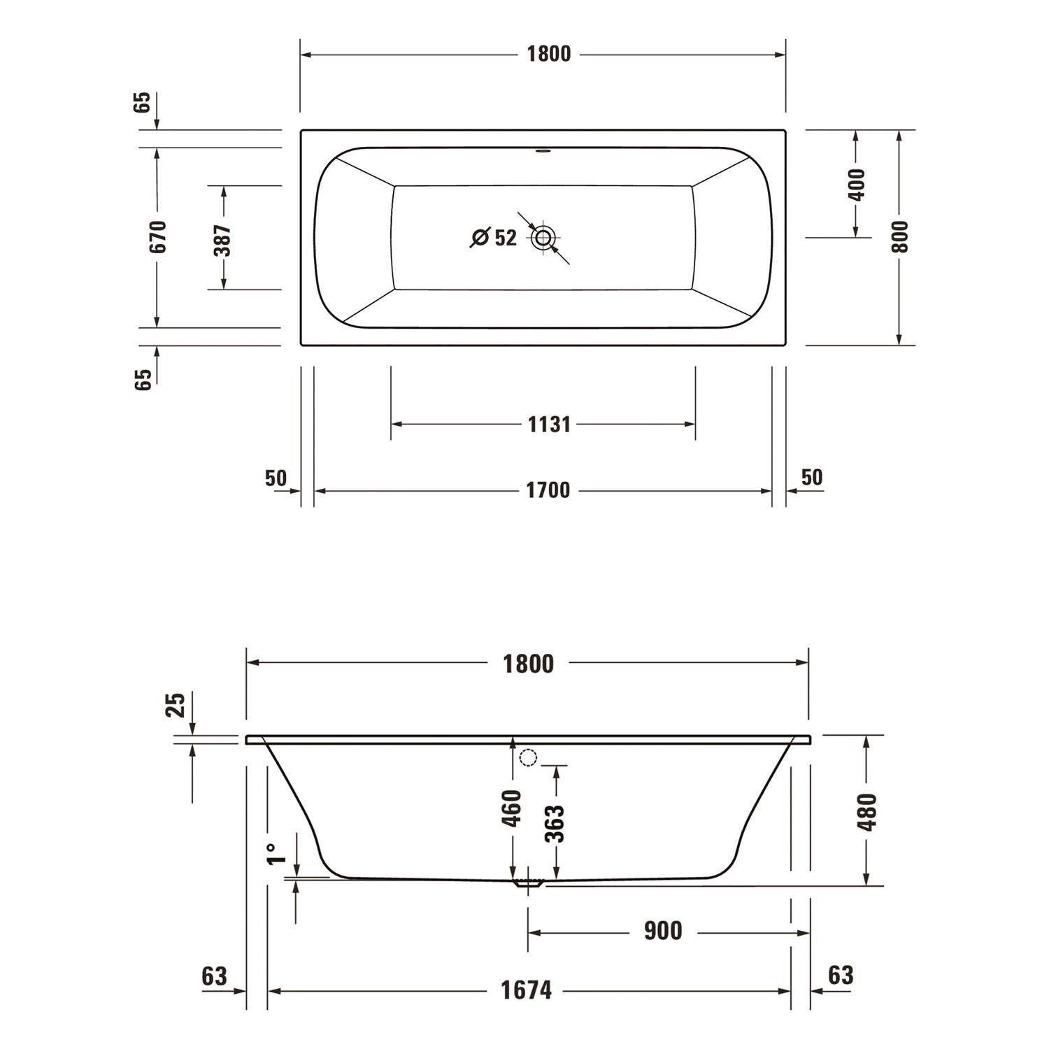 Duravit Qatego Rechteck-Badewanne 180 x 80 cm, Einbauversion 2