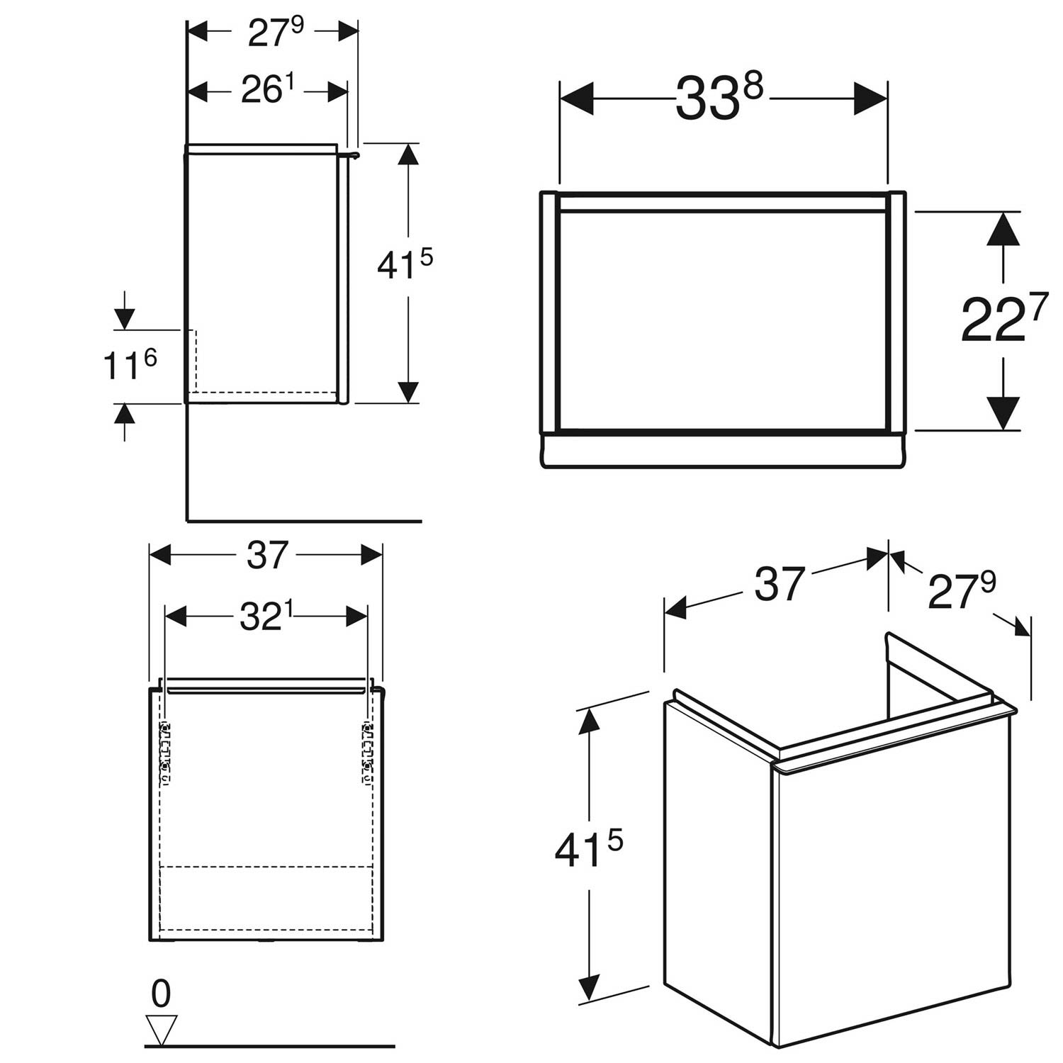 Geberit iCon lave-mains 502301JR1 37x41,5x27,9cm, porte 2000 , charnières à gauche, noyer/poignée lave mat 6