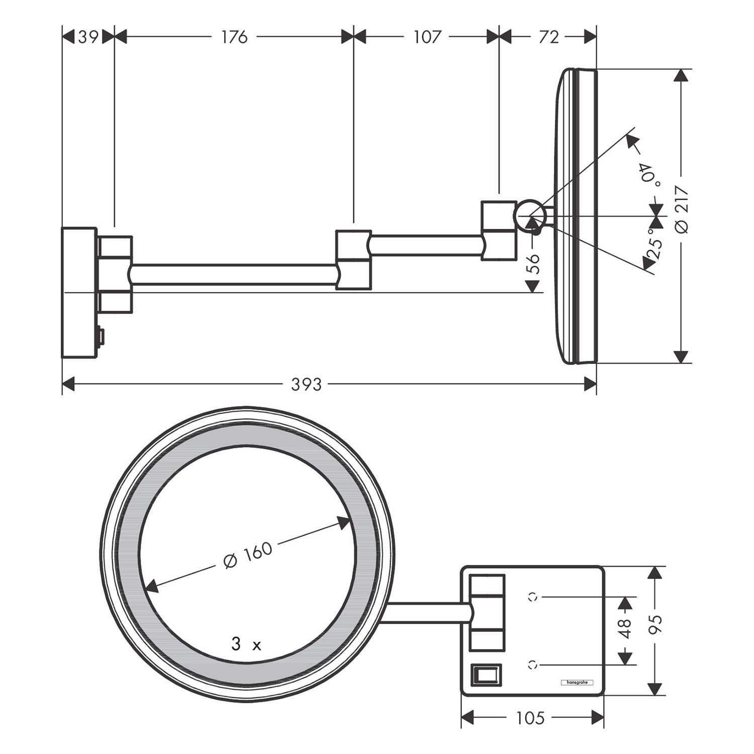 Miroir de rasage Hansgrohe AddStoris 41790140, grossissement x3, avec éclairage LED, fixation murale, bronze brossé 2
