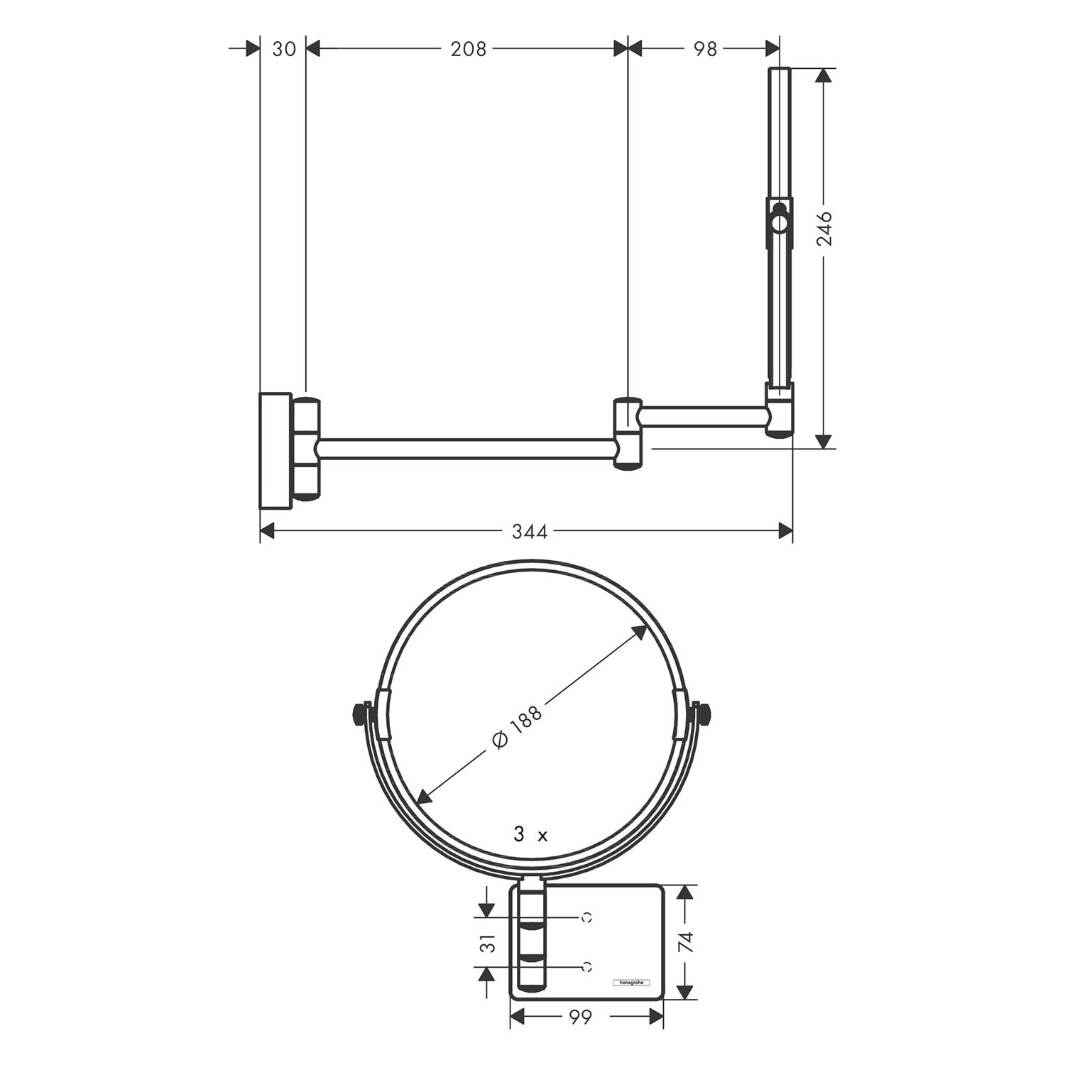 Miroir de rasage Hansgrohe AddStoris 41791000, grossissement 1x et 3x, fixation murale, chromé 3