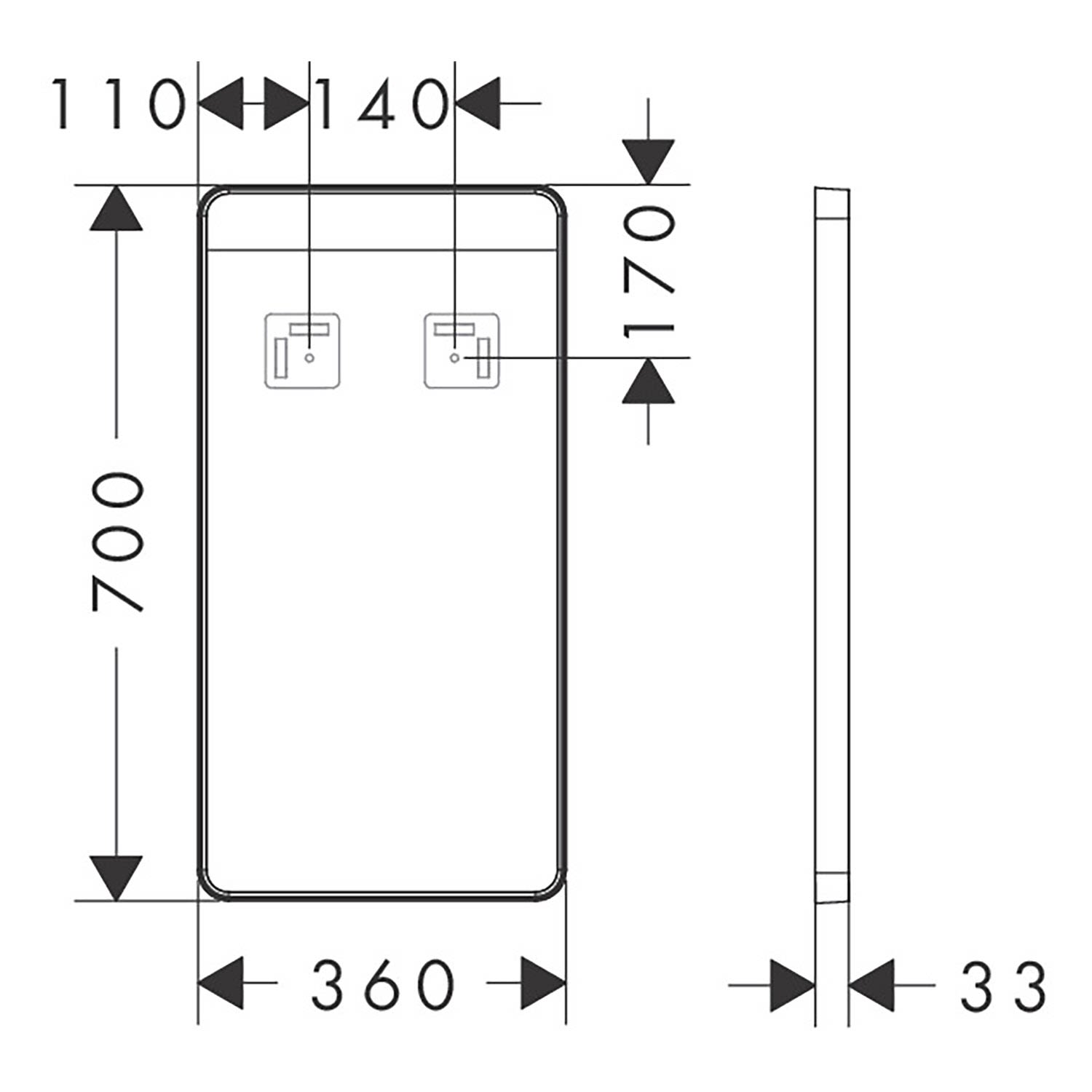 Hansgrohe Xarita Lite Q miroir 54955670 avec éclairage LED horizontal, noir mat, L 360 x H 700 x P 30 mm, 4 W 4