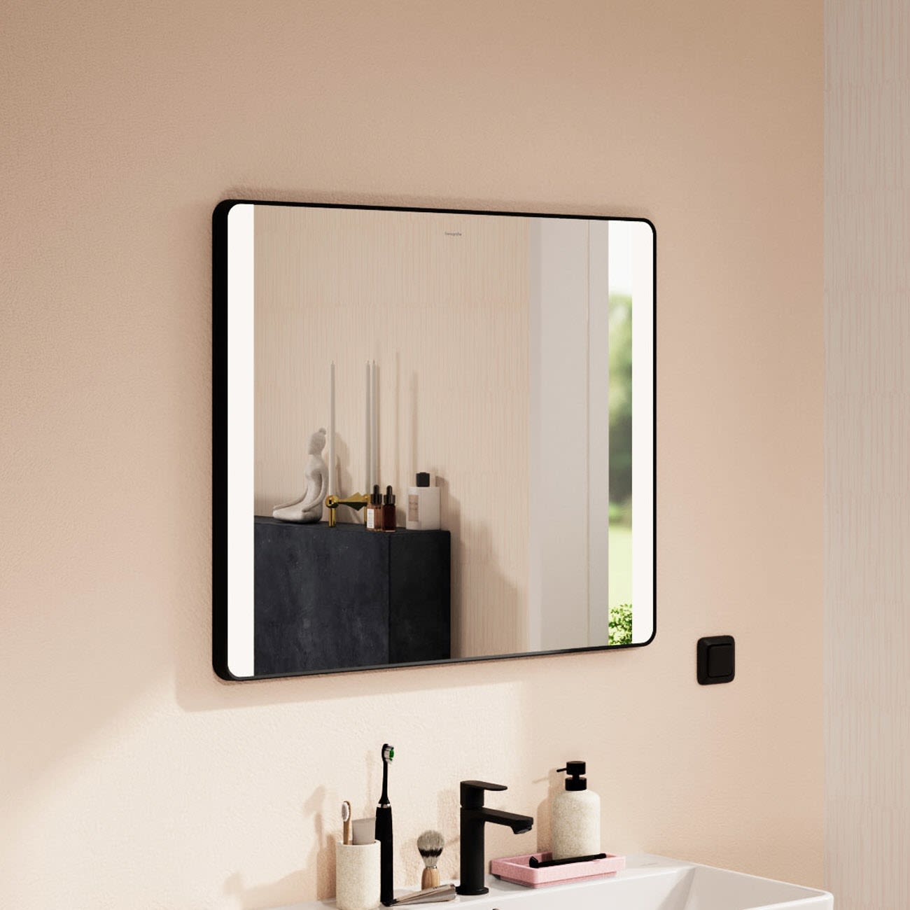 Hansgrohe Xarita Lite Q miroir 54963670 avec éclairage latéral LED, noir mat, L 800 x H 700 x P 30 mm, 14 W