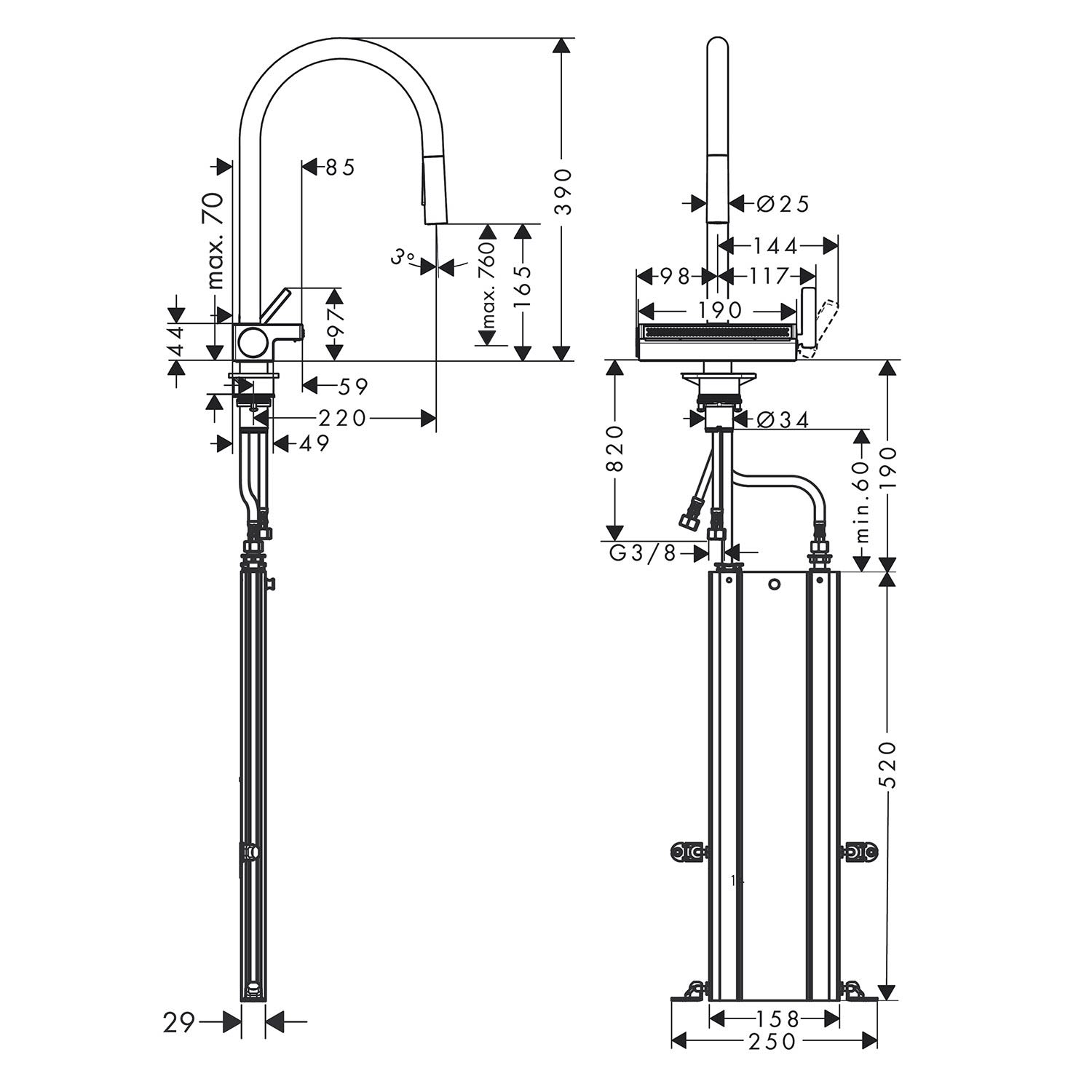 Hansgrohe Aquno Select M81 Mitigeur de cuisine 73831800 avec douchette extractible, 3jet, sBox, finition Inox 5