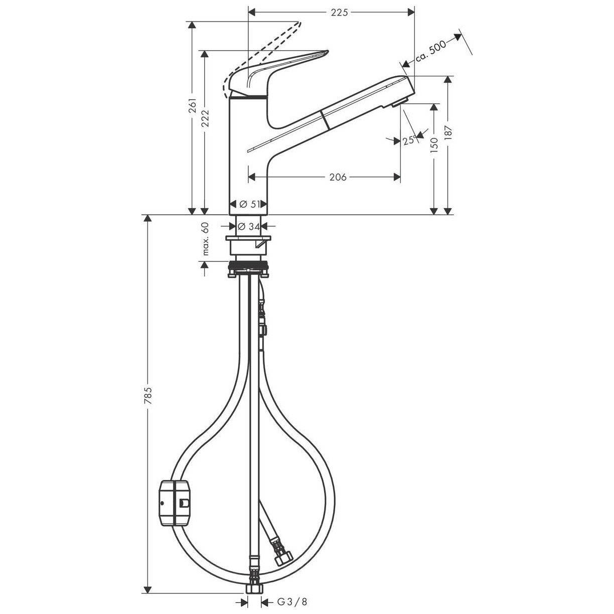 Hansgrohe Focus M42 180 mitigeur de cuisine 2jets 71801000 avec douchette extractible, plage de rotation 360°, chromé 4