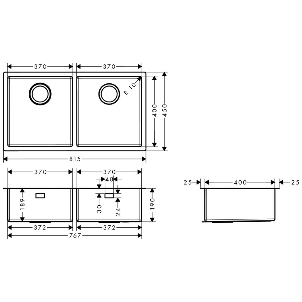 Hansgrohe S719-U765 évier sous plan 43430800 acier inoxydable, 370x370mm, 2 piscines principales 3