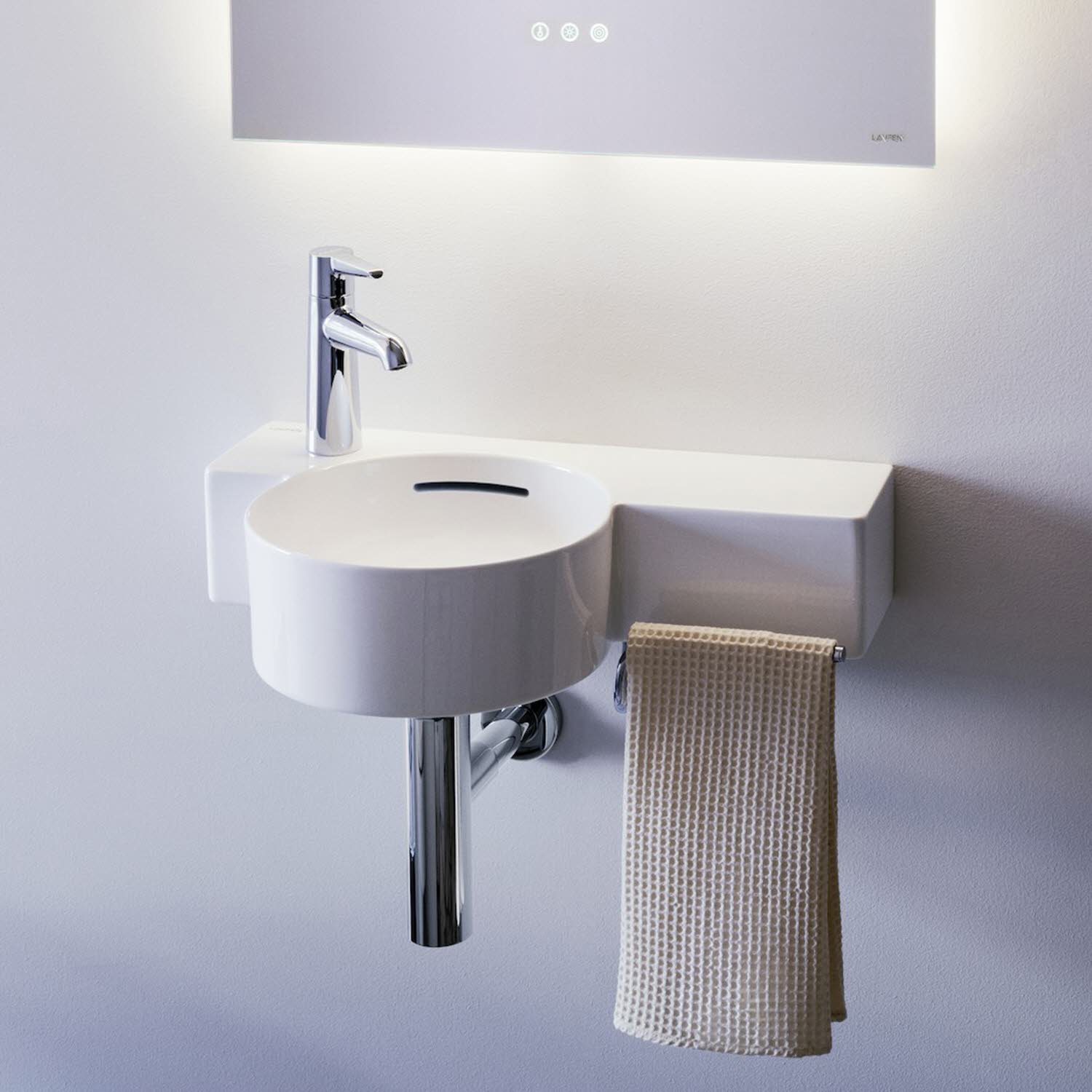 LAUFEN Val Handwaschbecken 55 x 31,5 cm, Ablage rechts, mit 1 Hahnloch, mit Überlauf, Badkeramik, H8152830001051, weiß