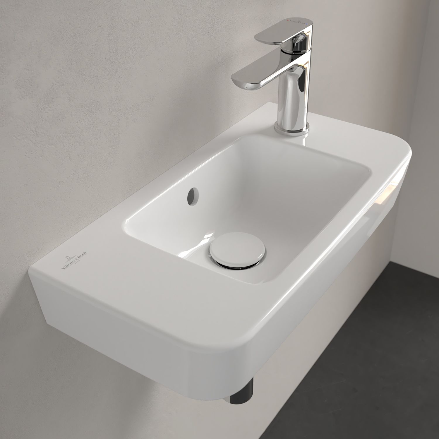 Villeroy & Boch O.novo Handwaschbecken compact 50 x 25 cm mit Überlauf, Hahnloch rechts 4342R501, Badkeramik, weiß alpin mit ceramicplus 4342R5R1
