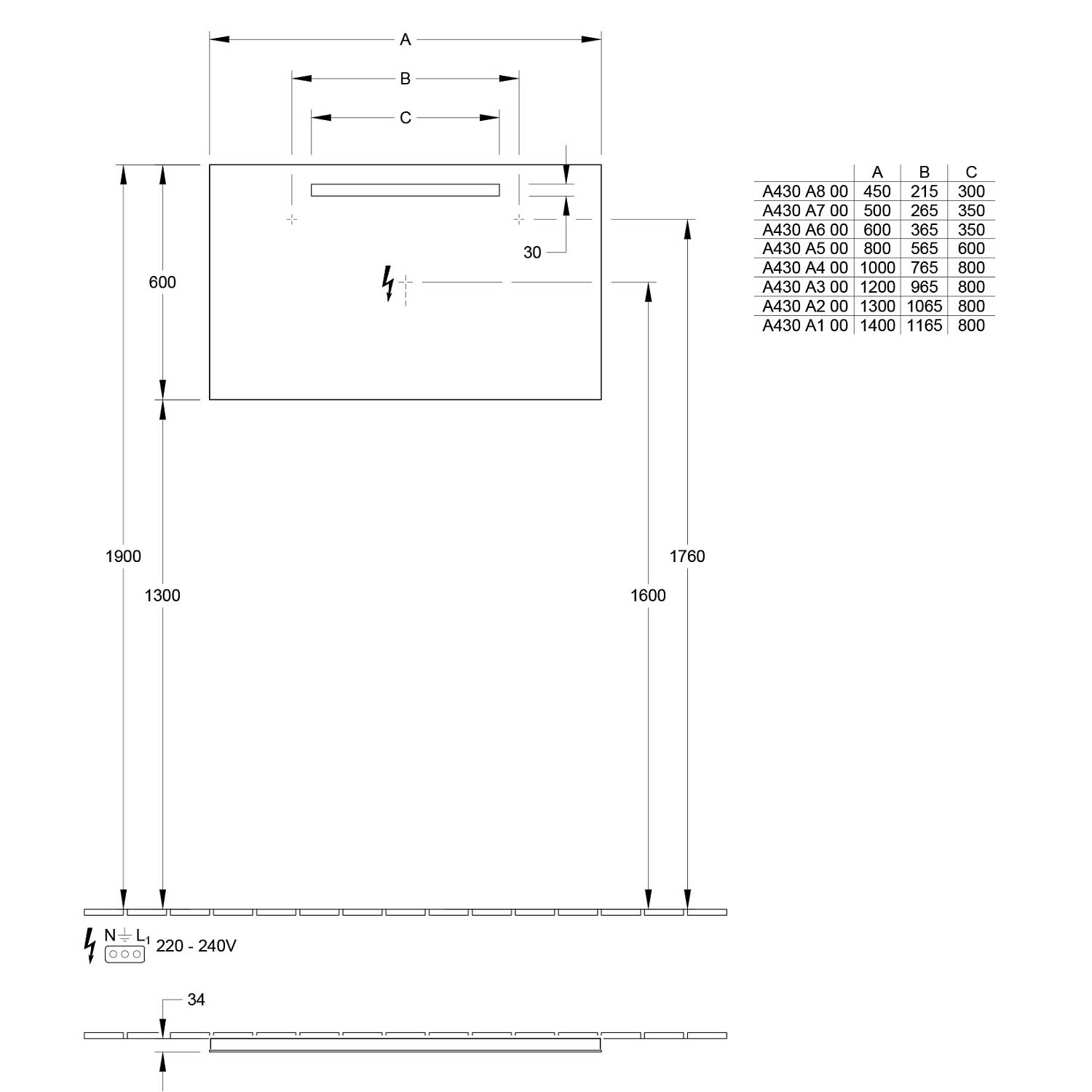 Villeroy und Boch Villeroy et Boch Plus à voir Miroir lumineux LED A430A500 80 x 60 x 3 cm, 10 W, pour commutation de pièce, IP44 4