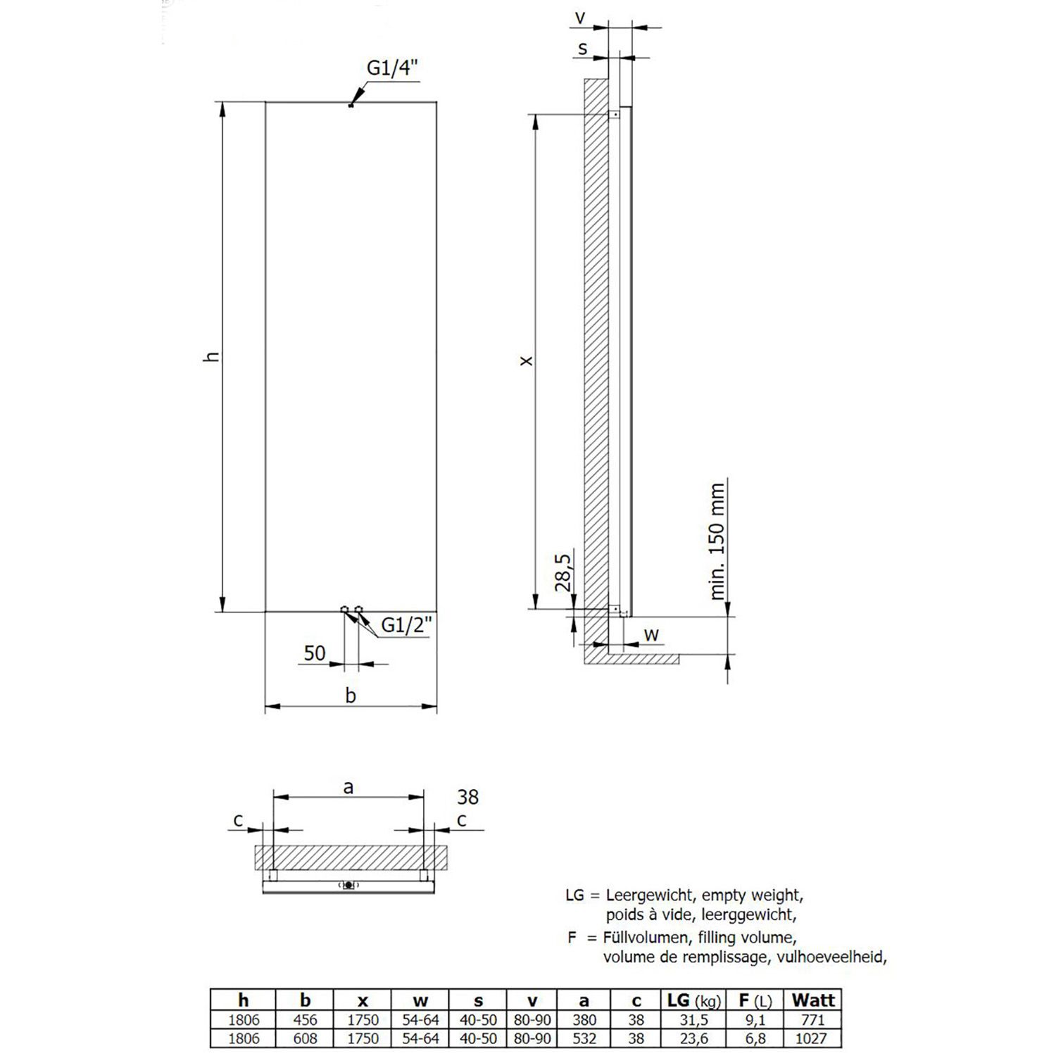 HSK Badheizkörper Atelier Line 45,6 x 180,6 cm Mittelanschluss 3