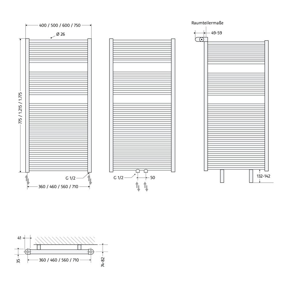 HSK Line Badheizkörper 40 x 121,5 cm, mit Mittelanschluss 3