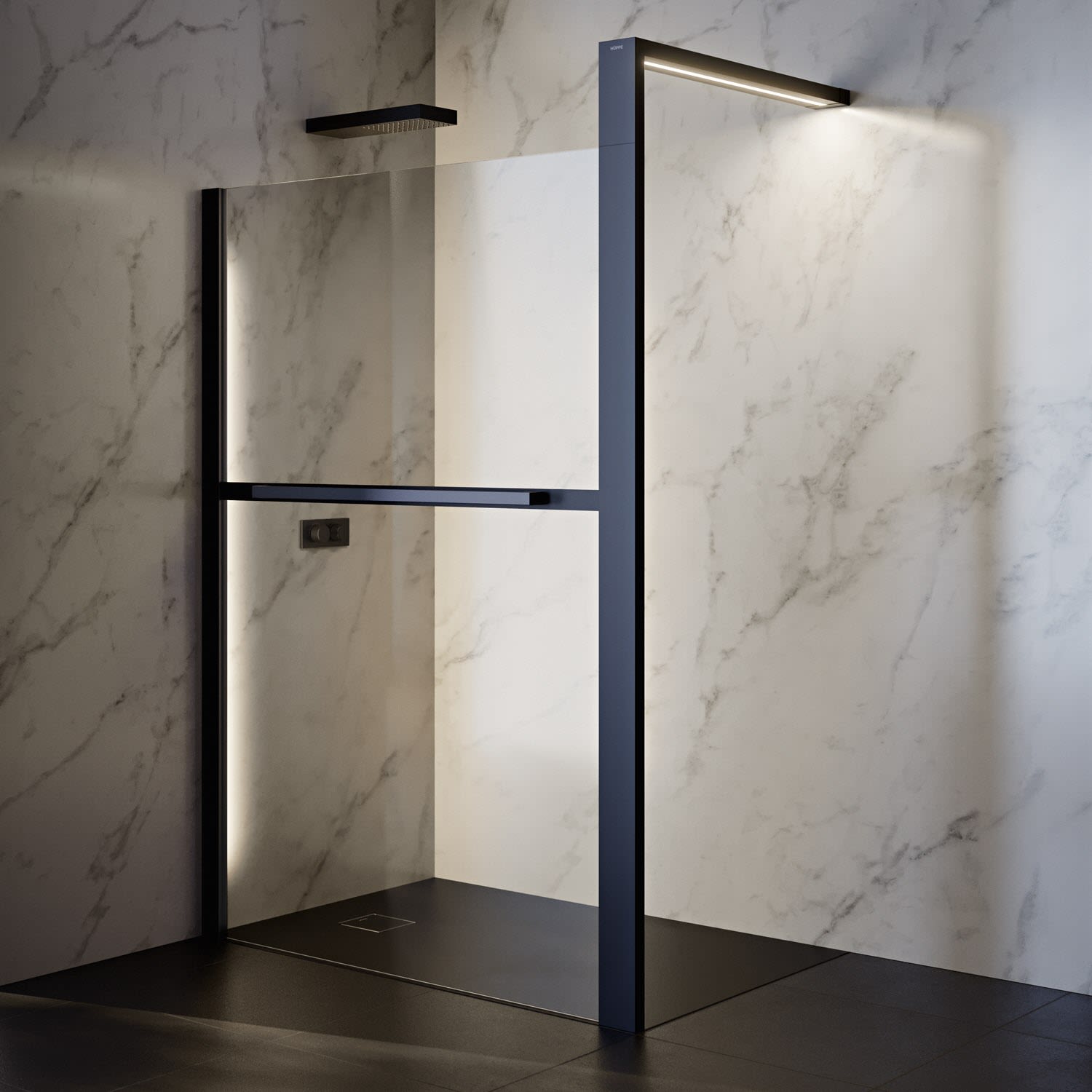 HÜPPE Sphere 4-Eck Walk-In Seitenwand alleinstehend 116 - 122 cm, mit Licht, Duschkabinen, black edition SH0206123A22