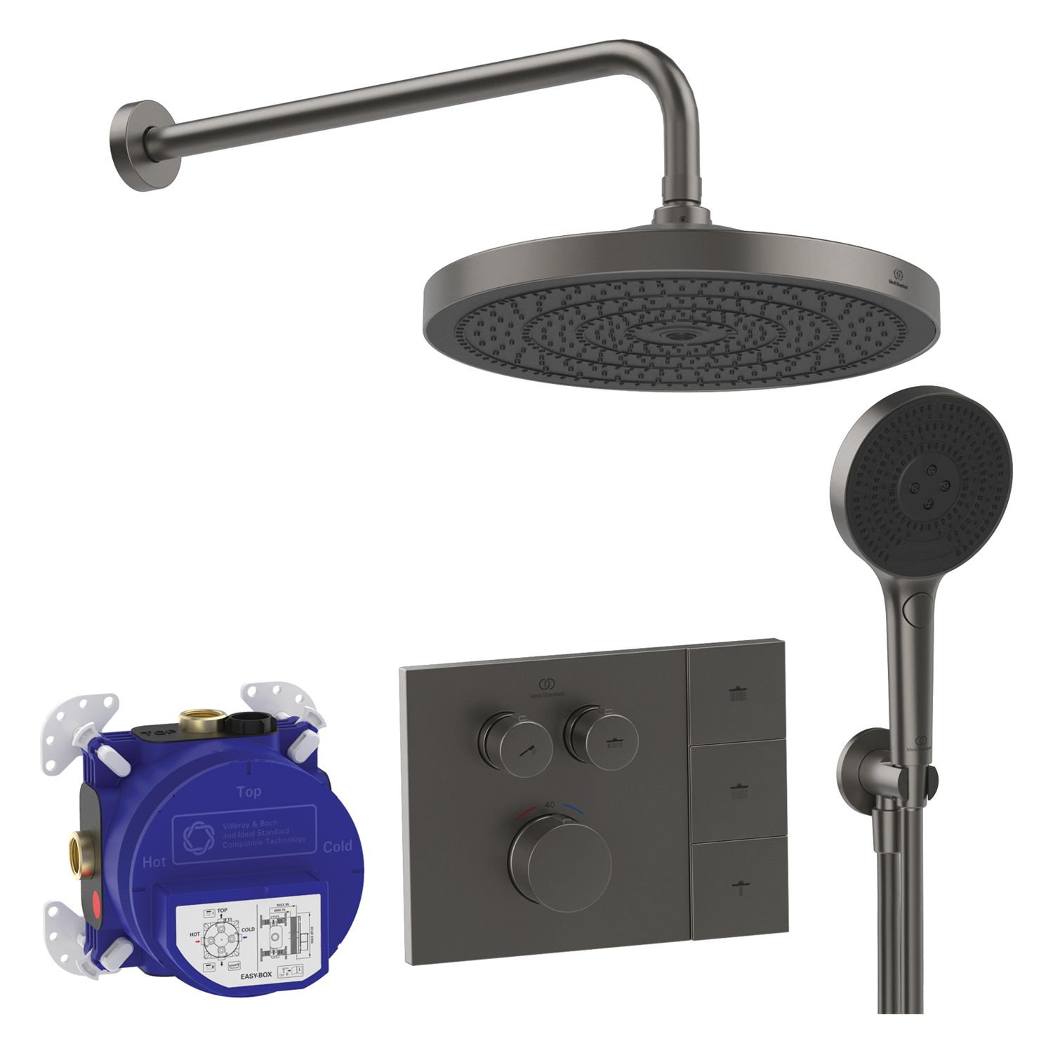 Ideal Standard Duscharmaturen-Set Ceratherm Navigo® Unterputzthermostat mit Easy-Box Unterputz-Grundkörper, Solos 3-Funktions-Kopf- und Handbrause, Badarmaturen, magnetic grey A7892A5