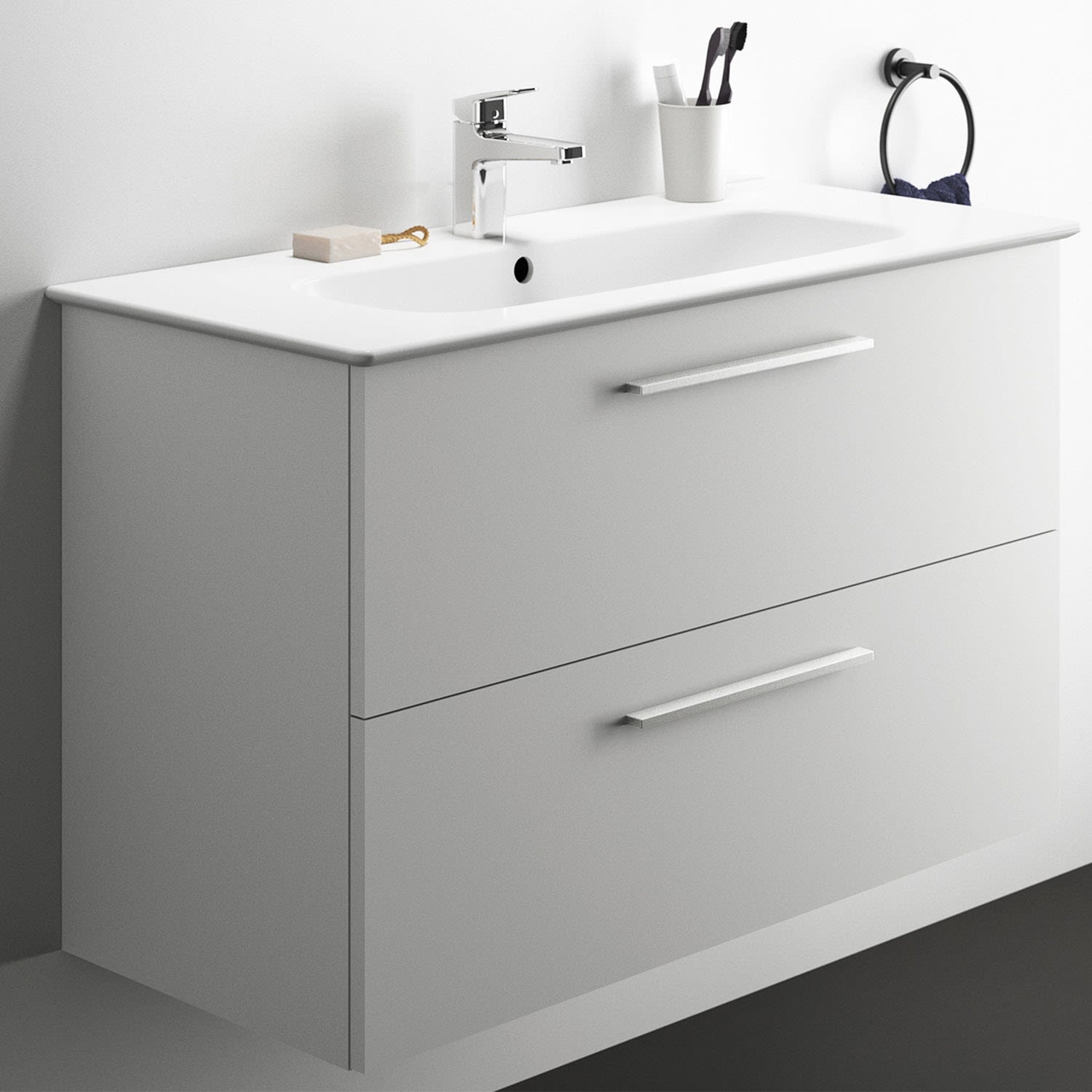 Ideal Standard life A meuble lavabo K8745DU 104x46x64,5cm, 1 trou pour robinetterie, poignée chrome brossé, blanc mat 6