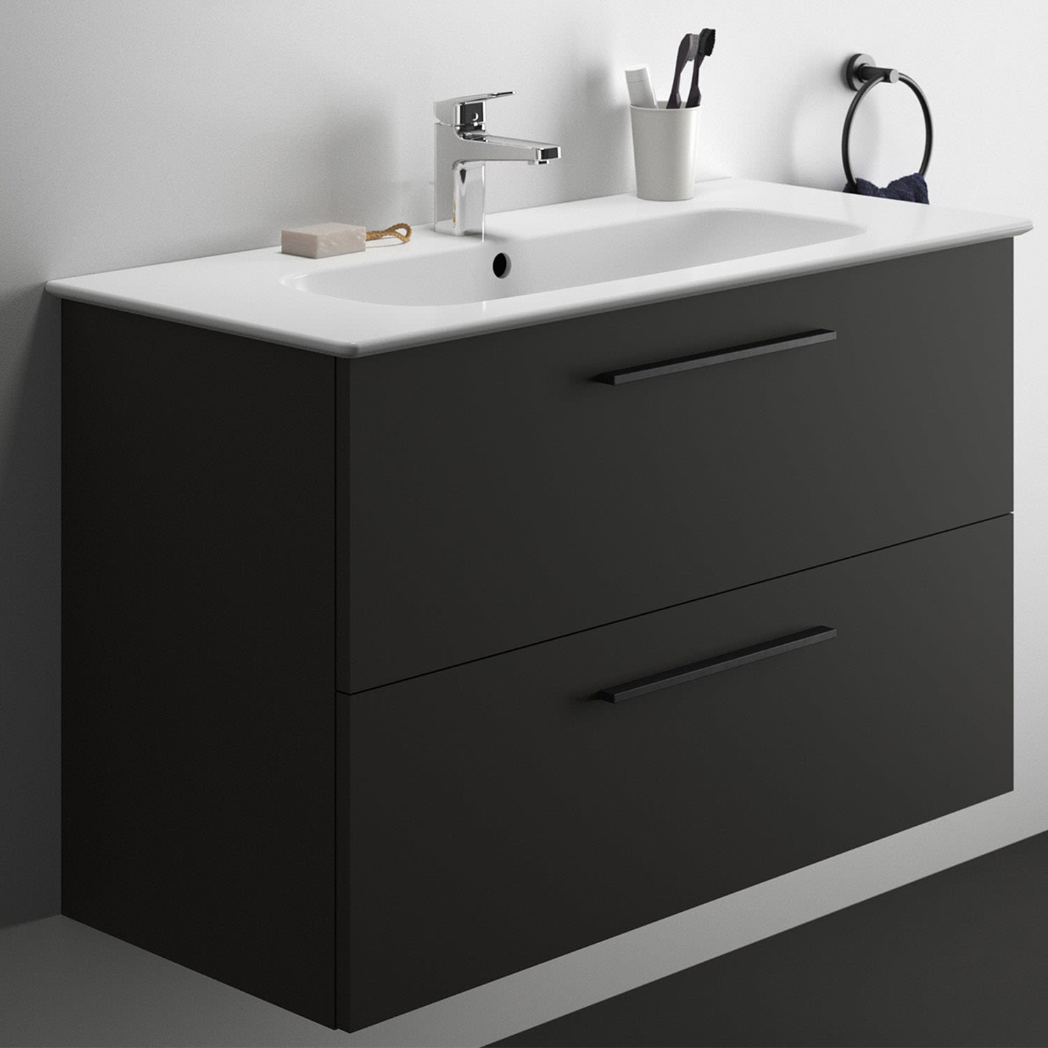 Ideal Standard life A meuble lavabo K8745DU 104x46x64,5cm, 1 trou pour robinetterie, poignée chrome brossé, blanc mat