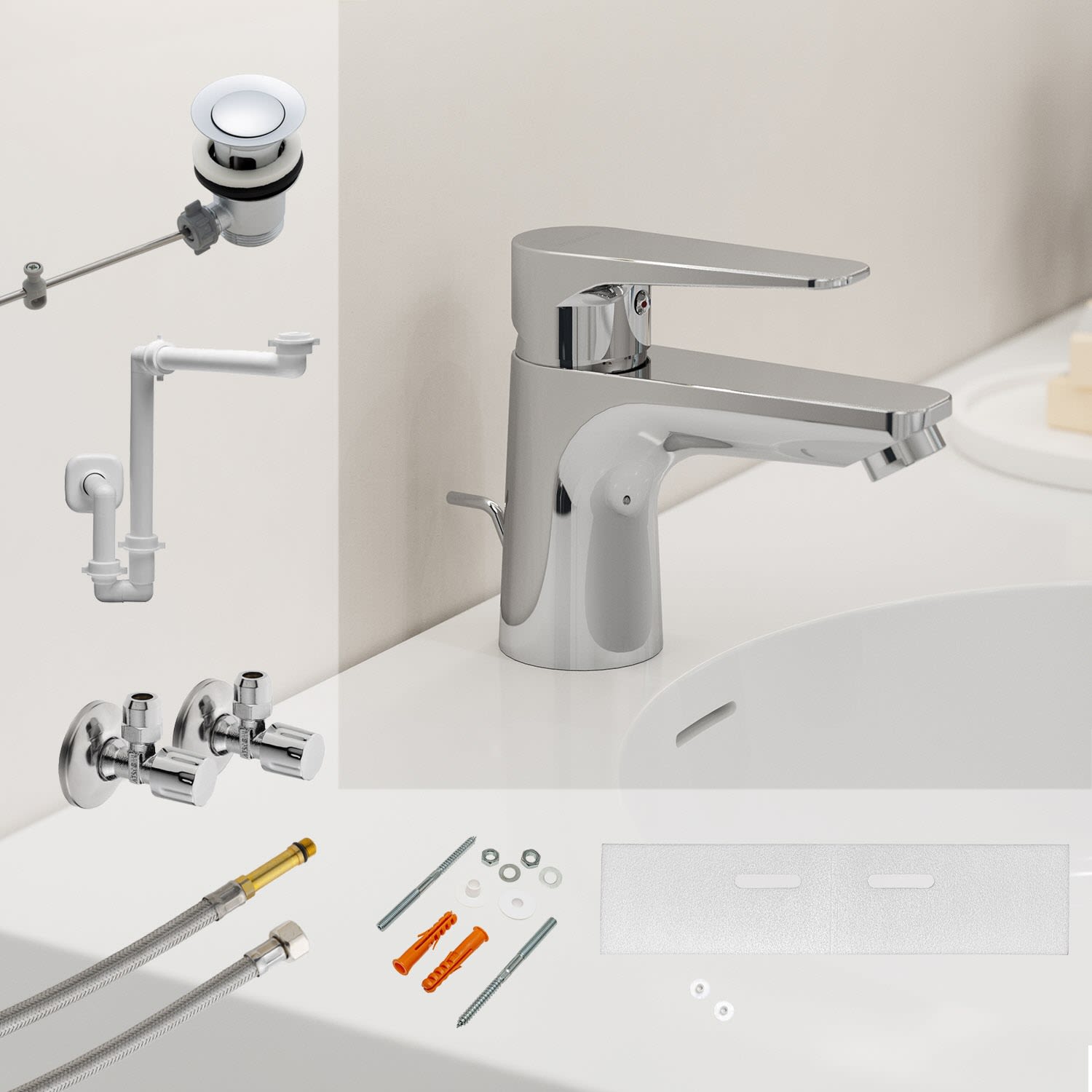 Kronenbach Radia 3.0 Montage- und Armaturenset S für Waschtisch mit Unterschrank, Badarmaturen, Chrom KB100343C10_Set