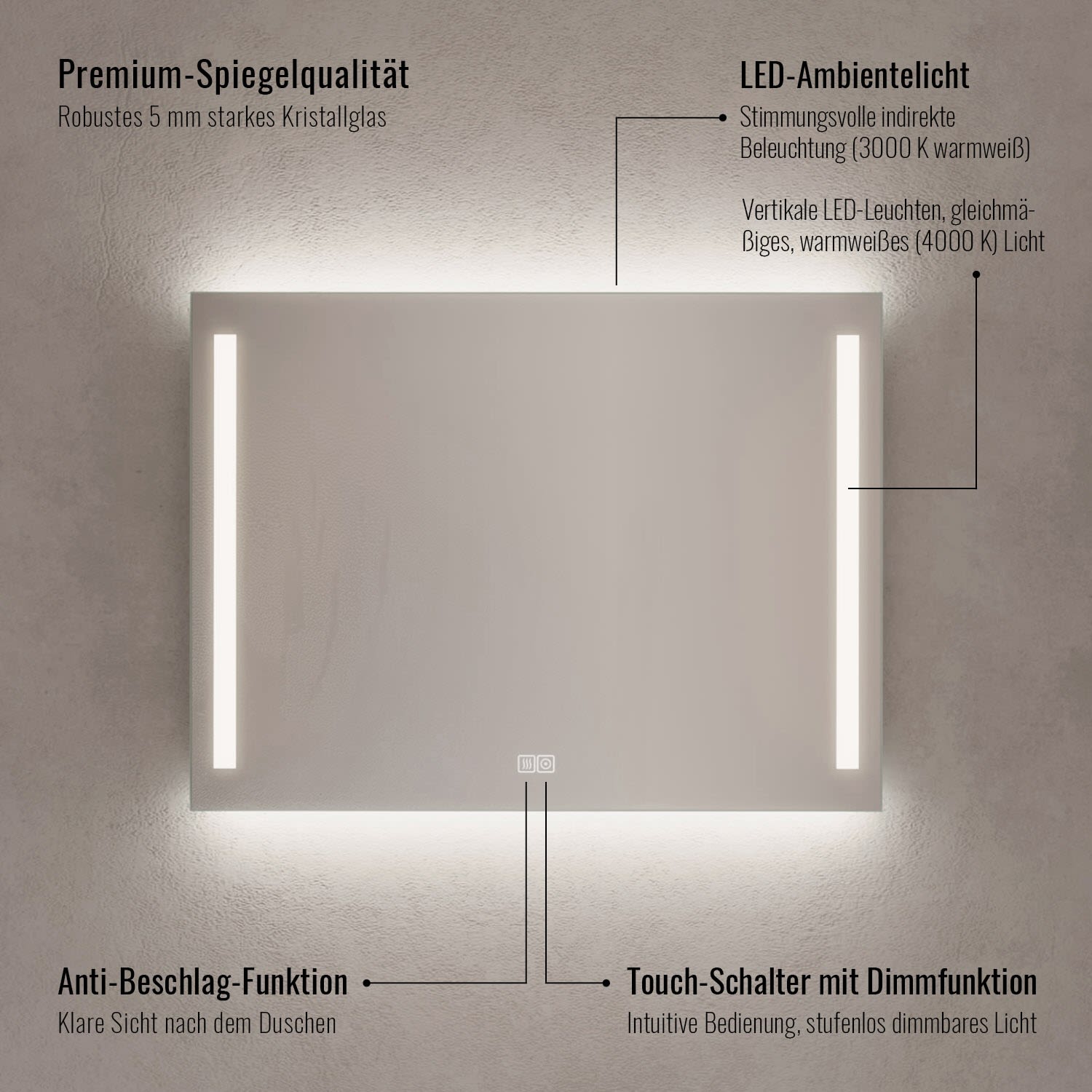 Kronenbach Sun Badspiegel 80 x 80 cm mit LED Seiten- und Hintergrundbeleuchtung für modernes Badezimmerambiente 3