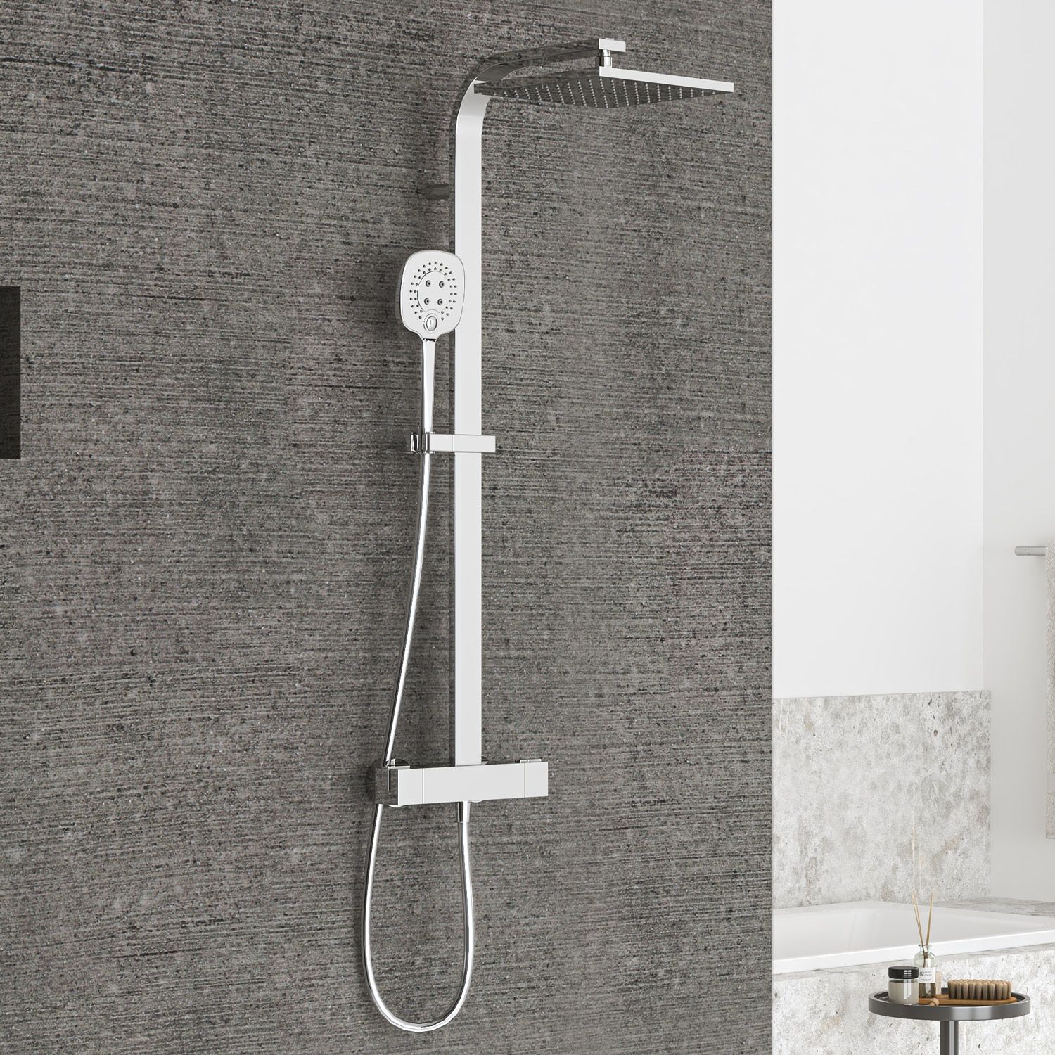 Sturotec Eco-Line 6 l/min Duschsystem eckig mit Thermostatarmatur und Kopfbrause 25 cm, Badarmaturen, chrom STUN50K0616HT35A