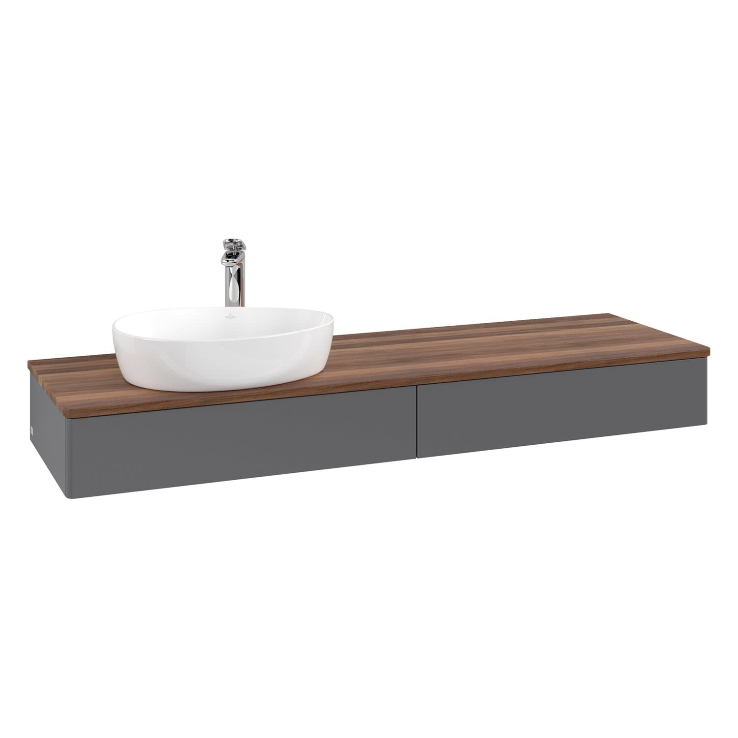 Villeroy & Boch Antao Waschbeckenunterschrank, 160 x 19 cm, 2 Auszüge mit LED-Licht, Front ohne Struktur, mit Hahnloch, für Waschtisch links