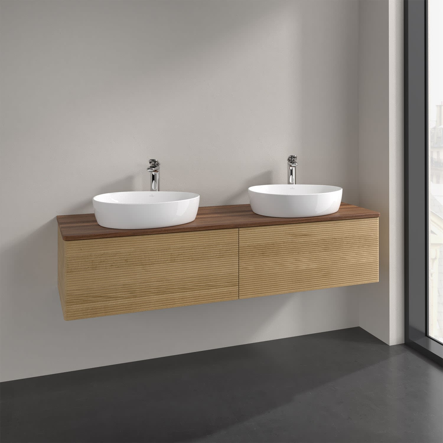 Villeroy & Boch Antao Waschbeckenunterschrank, 160 x 36 cm, 2 Auszüge, Front mit Struktur, mit Hahnloch, für Waschtisch links und rechts, Badmöbel, K39152HN,
