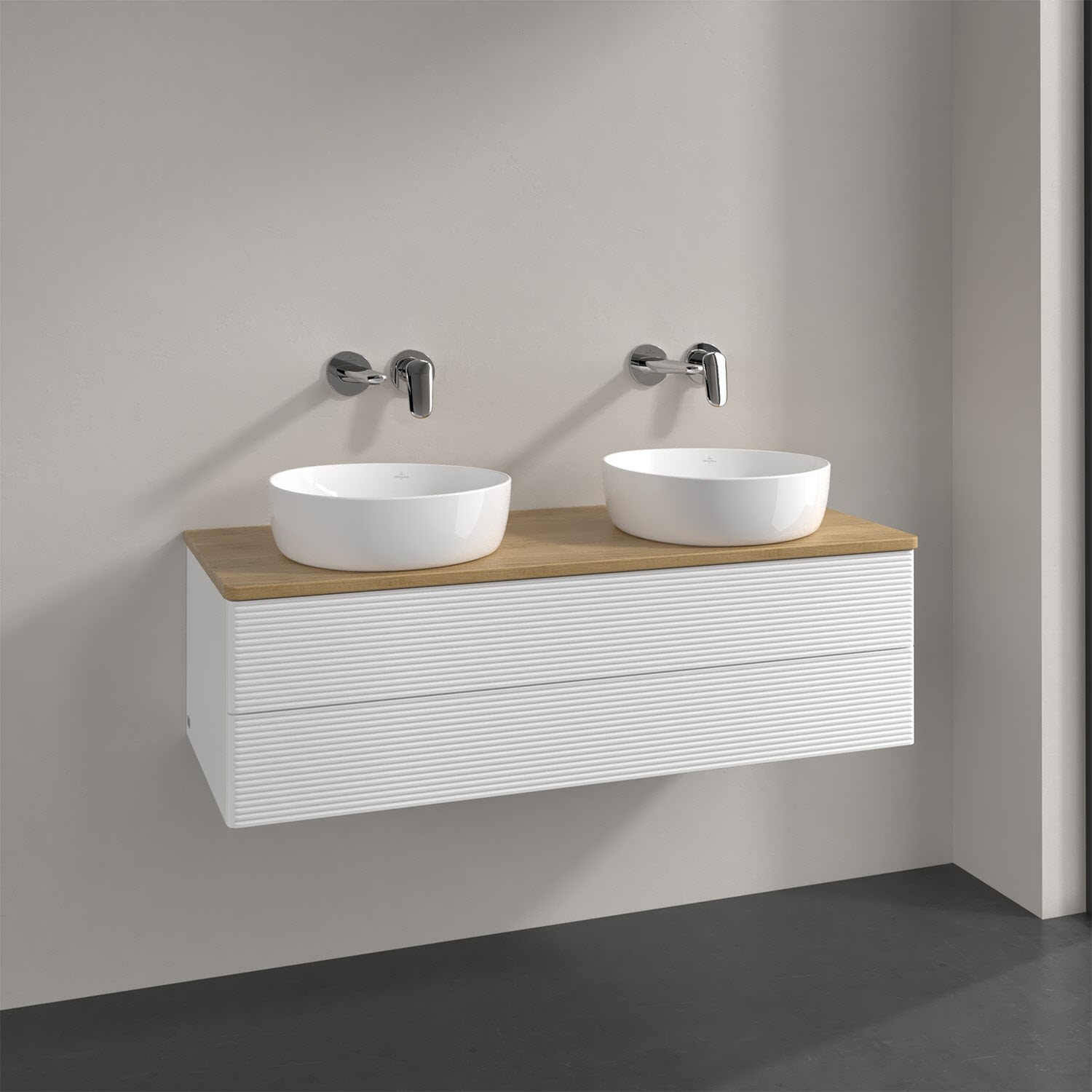 Villeroy & Boch Antao Waschbeckenunterschrank, 120 x 36 cm, 2 Auszüge mit LED-Licht, Front mit Struktur, ohne Hahnloch, für Waschtisch links und recht, Badmöbel, L24111MT,