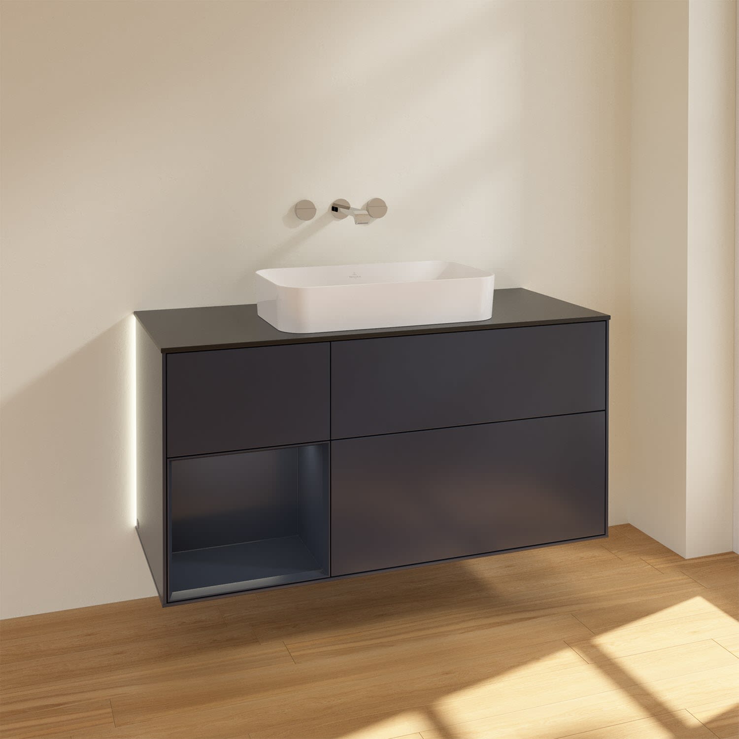 Villeroy & Boch Finion Waschtischunterschrank 120 cm mit Regalelement links und Abdeckplatte, mit Wandbeleuchtung, Badmöbel, G702HGHG,