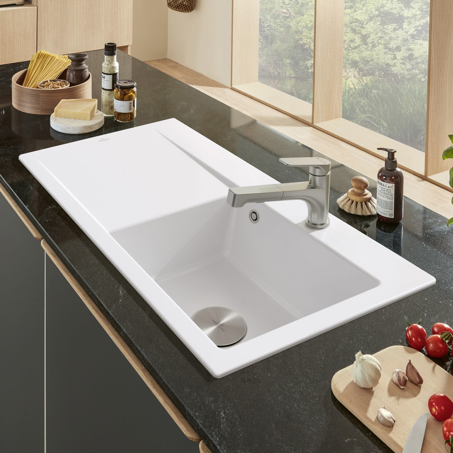Villeroy und Boch Évier encastrable Villeroy et Boch Subway Style 50 335101RW vasque à droite, garniture de vidange avec commande manuelle, 900 x 510 mm, Stone White 2