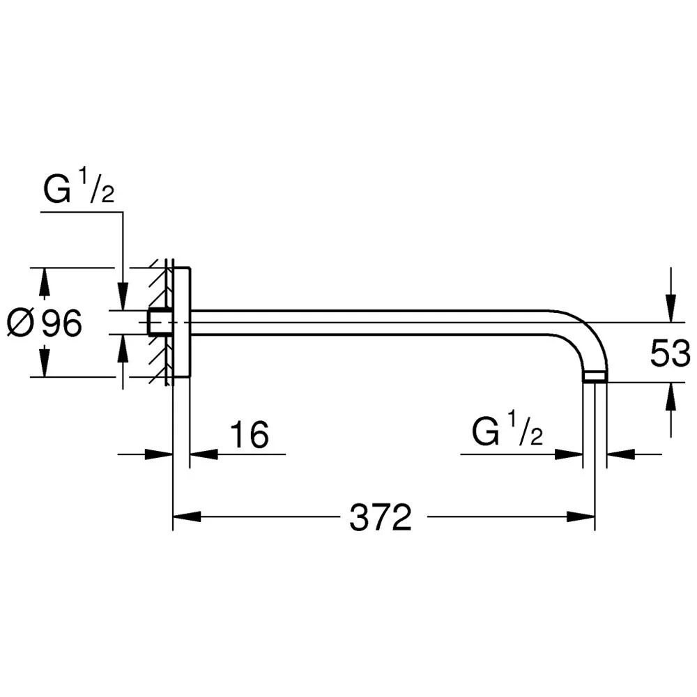 Rysunek techniczny ramienia prysznicowego z wymiarami, Grohe