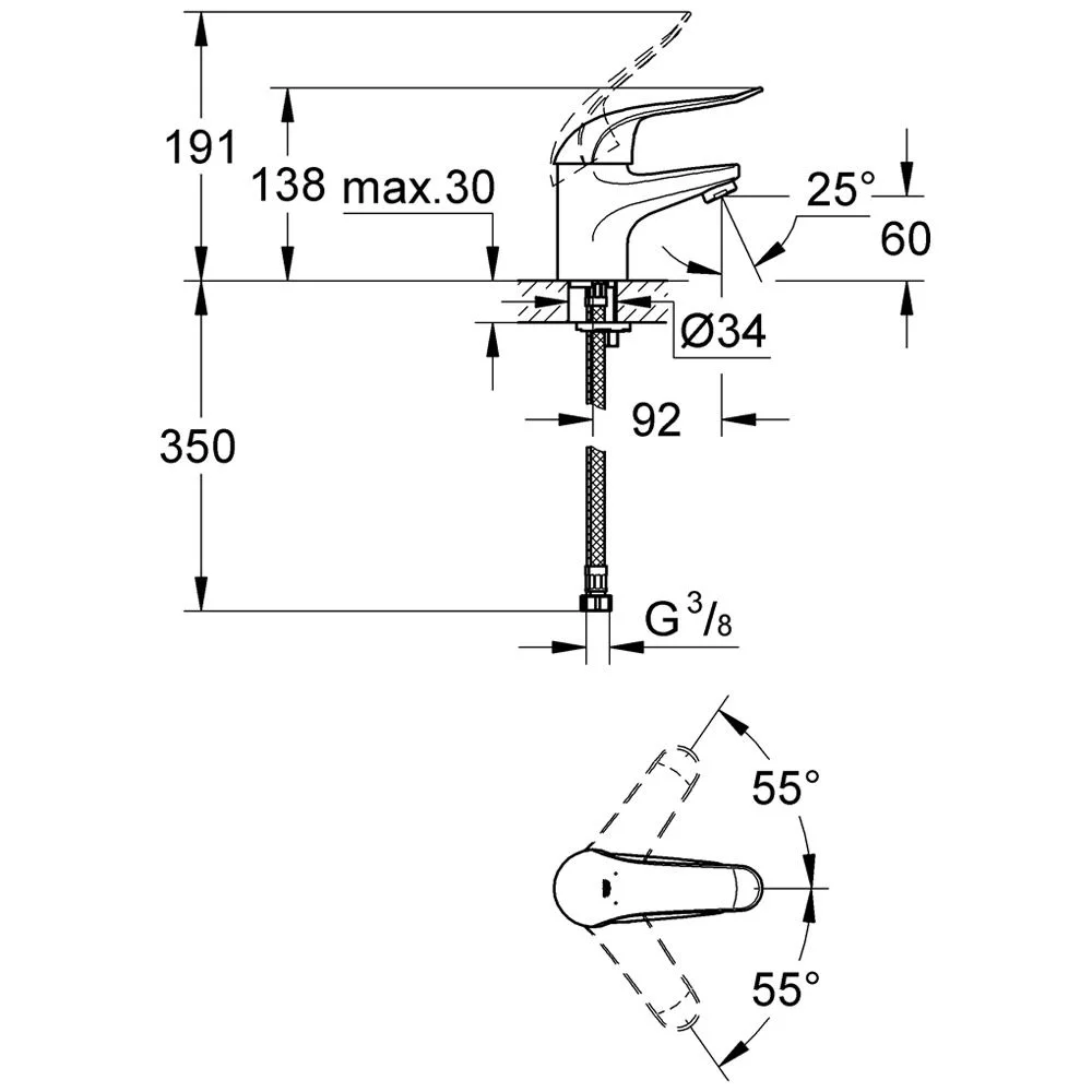 Rysunek techniczny baterii umywalkowej z wymiarami, Grohe