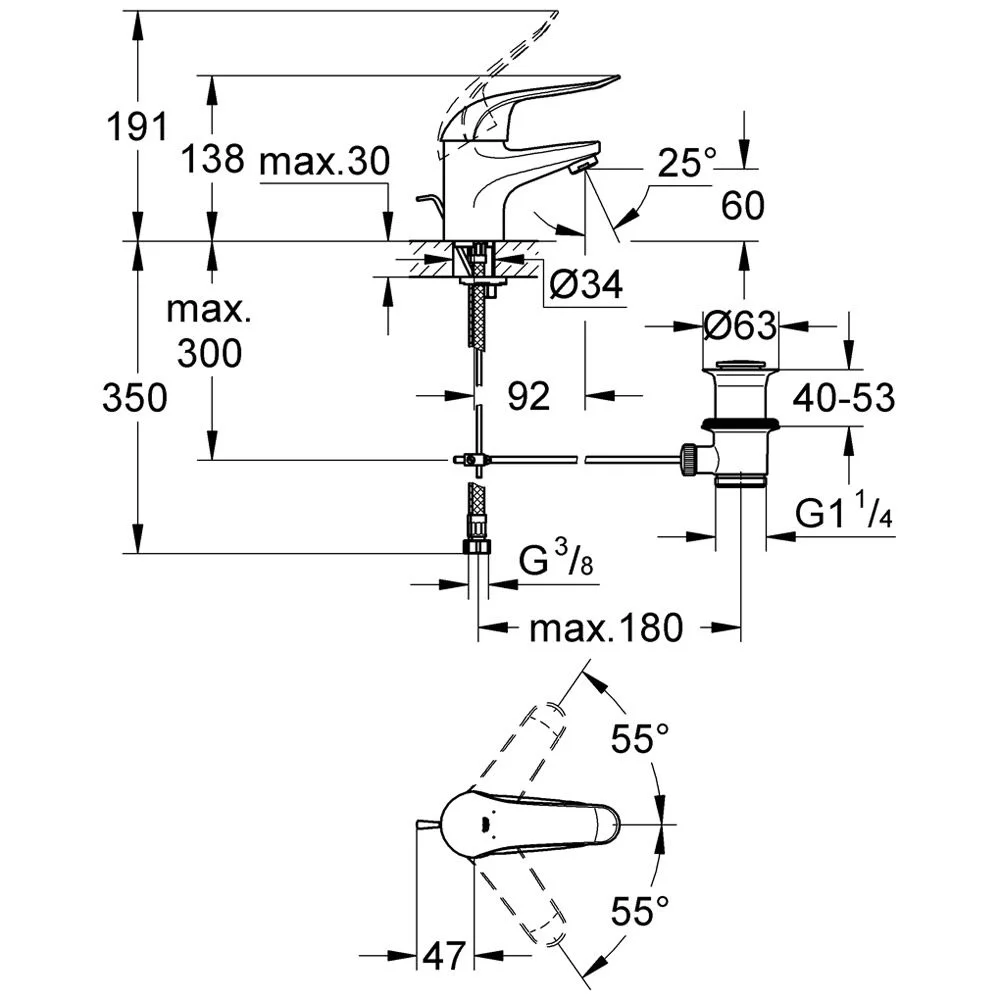 Rysunek techniczny baterii umywalkowej z wymiarami, Grohe