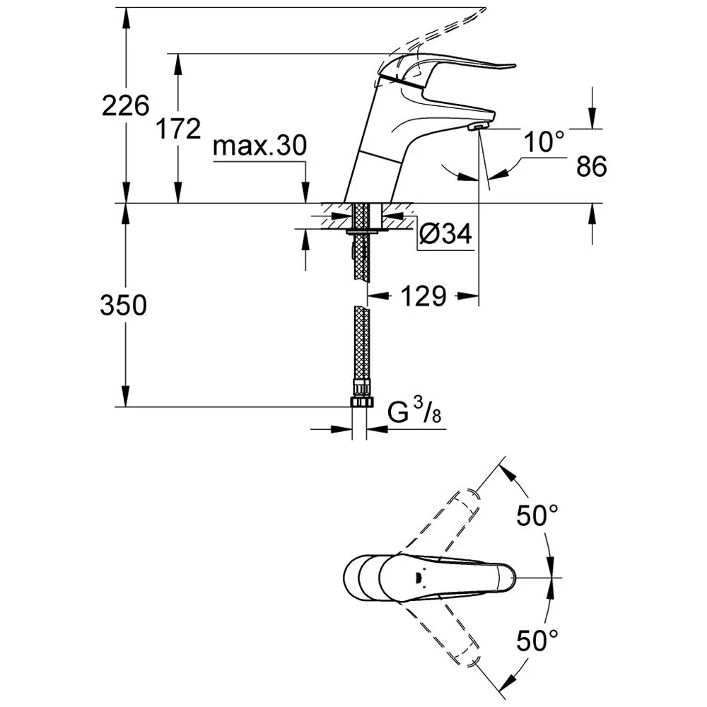 Rysunek techniczny baterii umywalkowej z wymiarami, Grohe