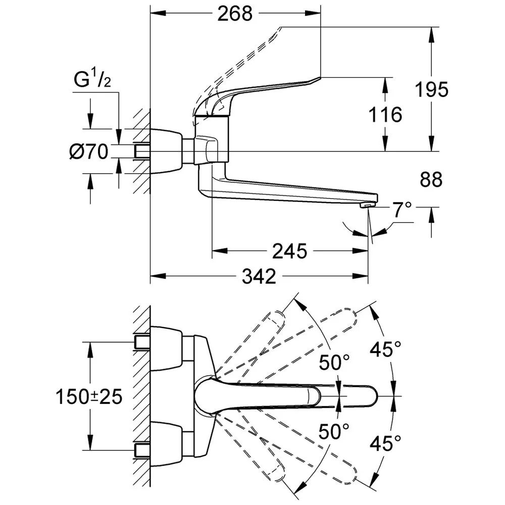 Rysunek techniczny kranu z wymiarami, Grohe