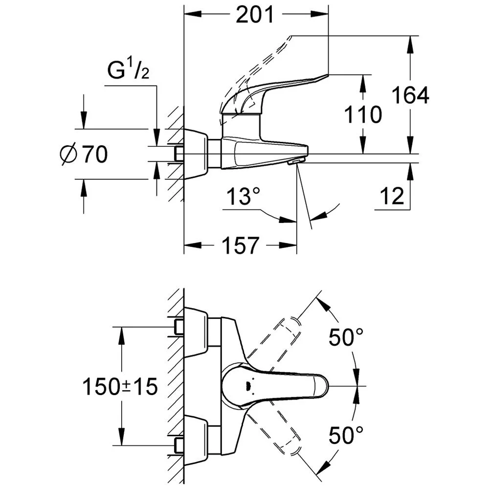 Rysunek techniczny kranu z wymiarami, Grohe