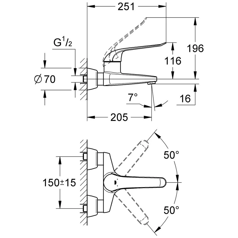 Rysunek techniczny baterii umywalkowej z wymiarami, Grohe